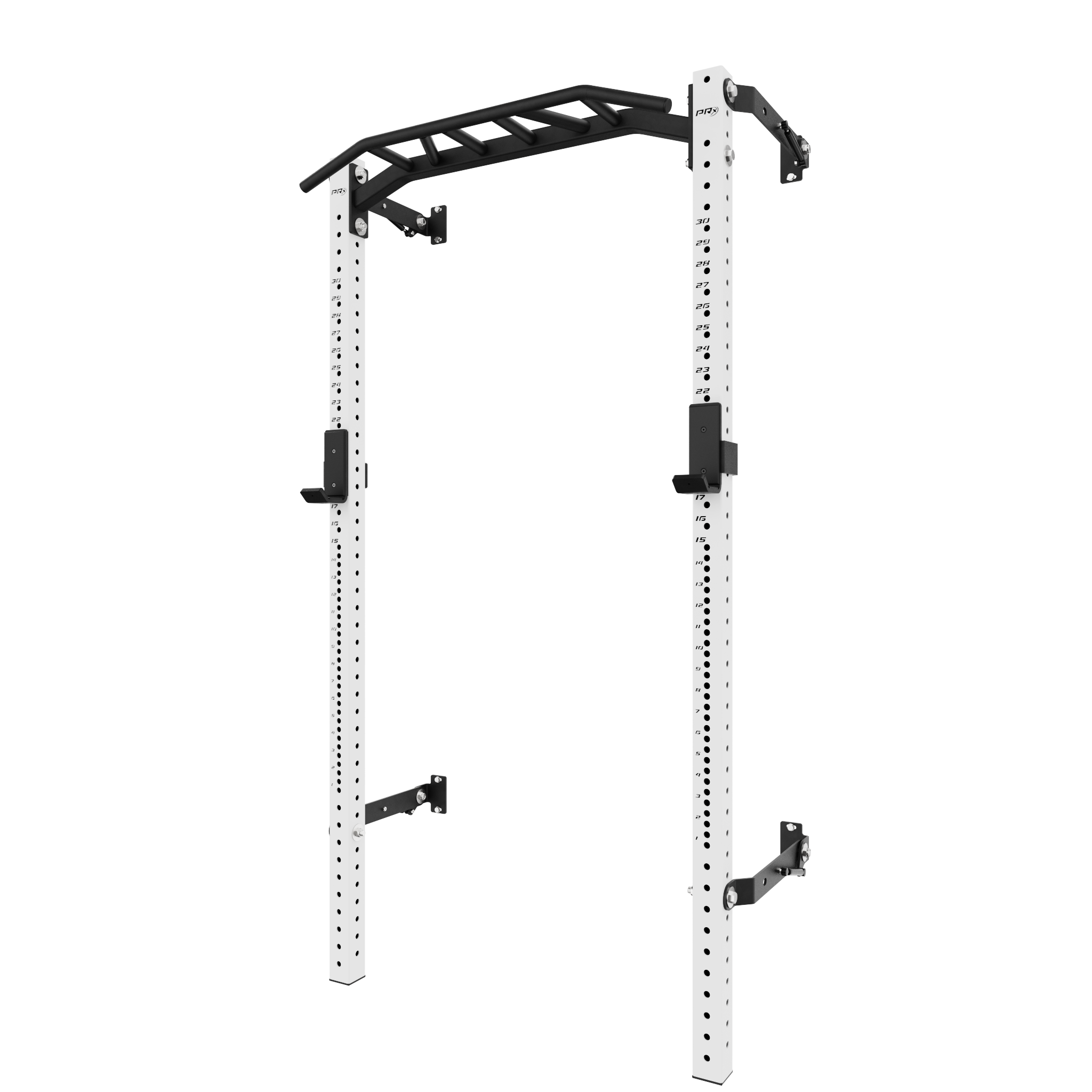 White squat rack with a pull-up bar attachment and adjustable safety bars. The structure features vertical holes for customization, providing versatility for various workout routines.