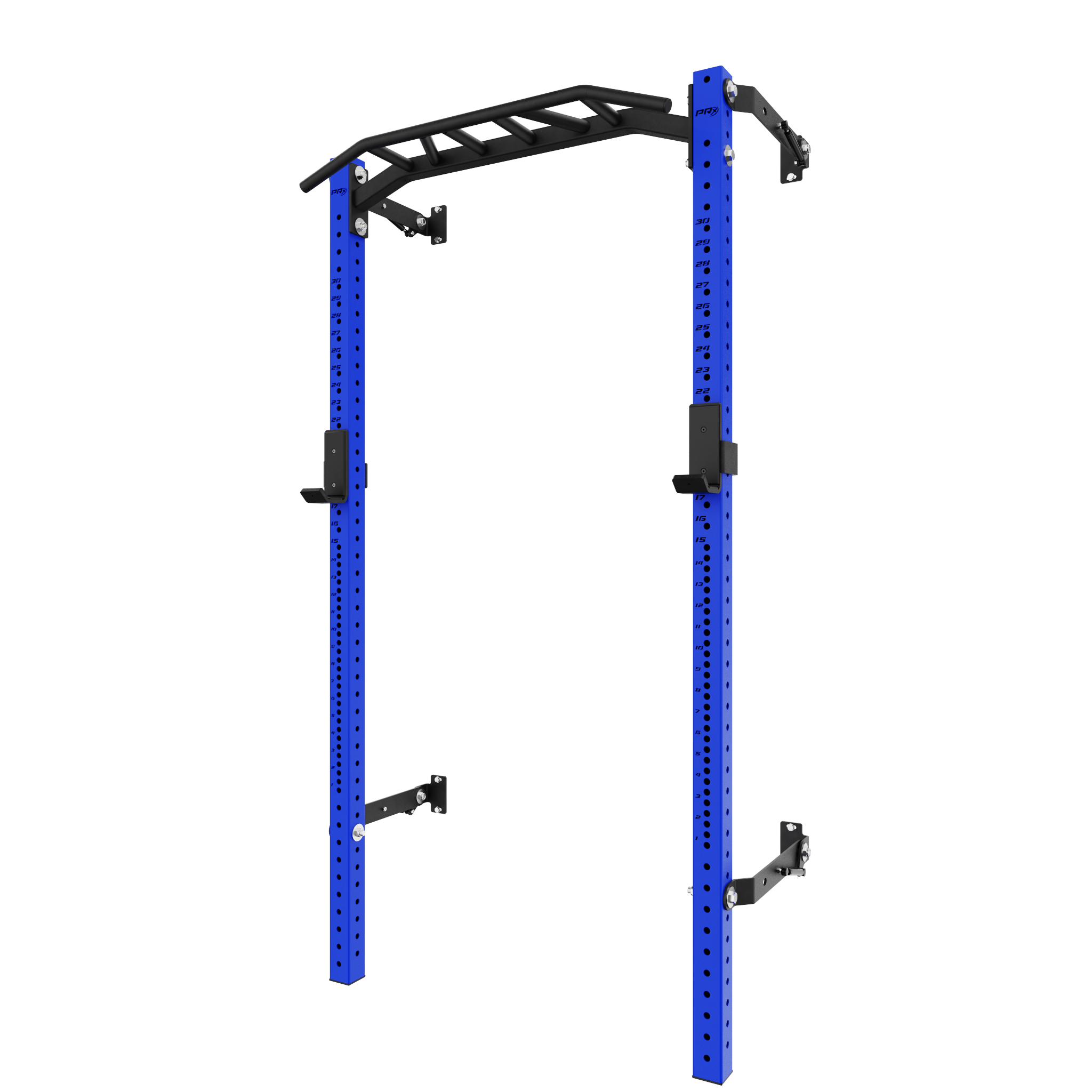 Blue power rack with adjustable pull-up bar and weight storage attachments, designed for home gym setups and strength training.