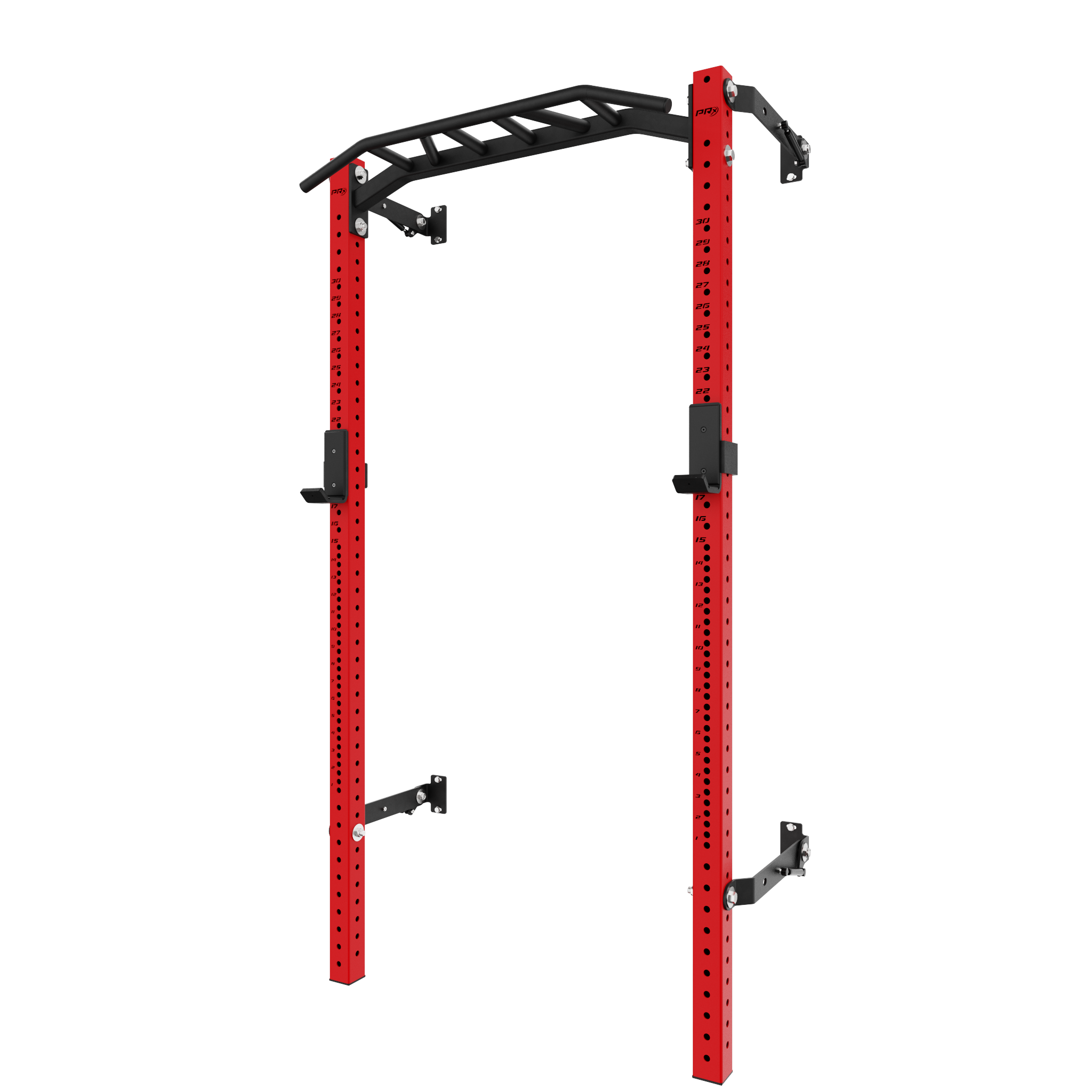 Red wall-mounted squat rack with multi-grip pull-up bar, ideal for compact home gym strength training setups.