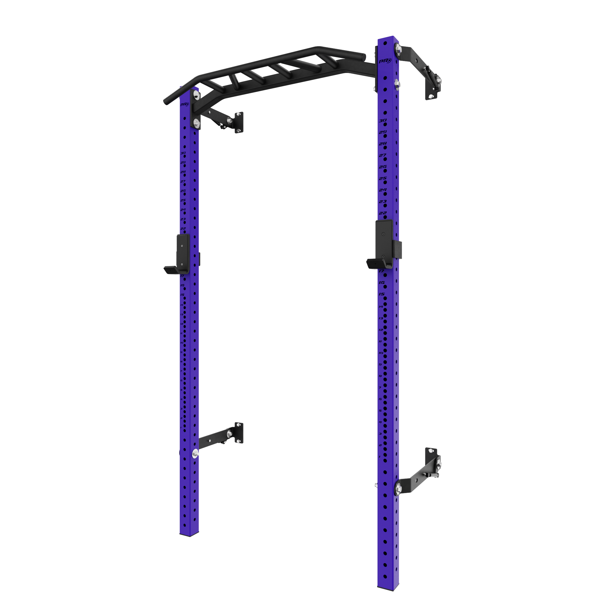 Heavy-duty blue power rack with a multi-grip pull-up bar and adjustable hooks for weight storage, ideal for home gyms and fitness enthusiasts.