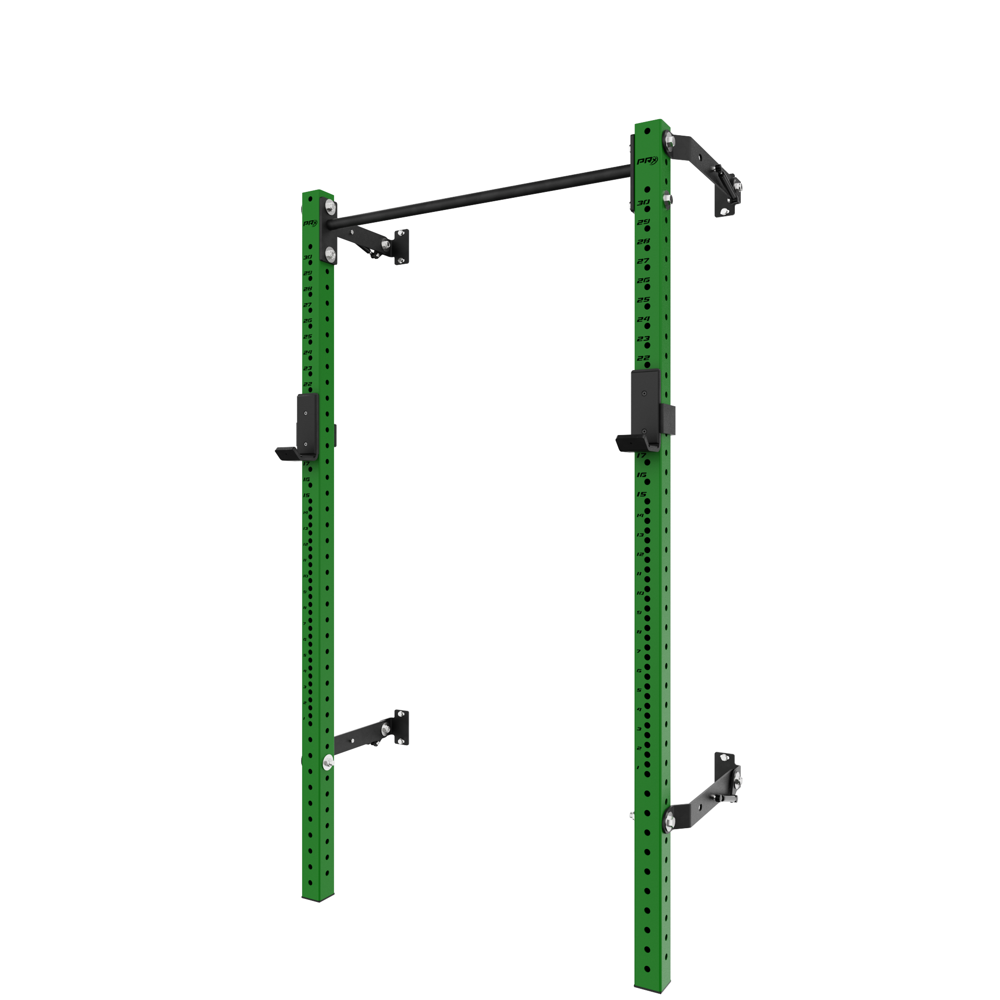 Sturdy green squat rack with black pull-up bar, adjustable hooks, and strong support arms for strength training exercises.