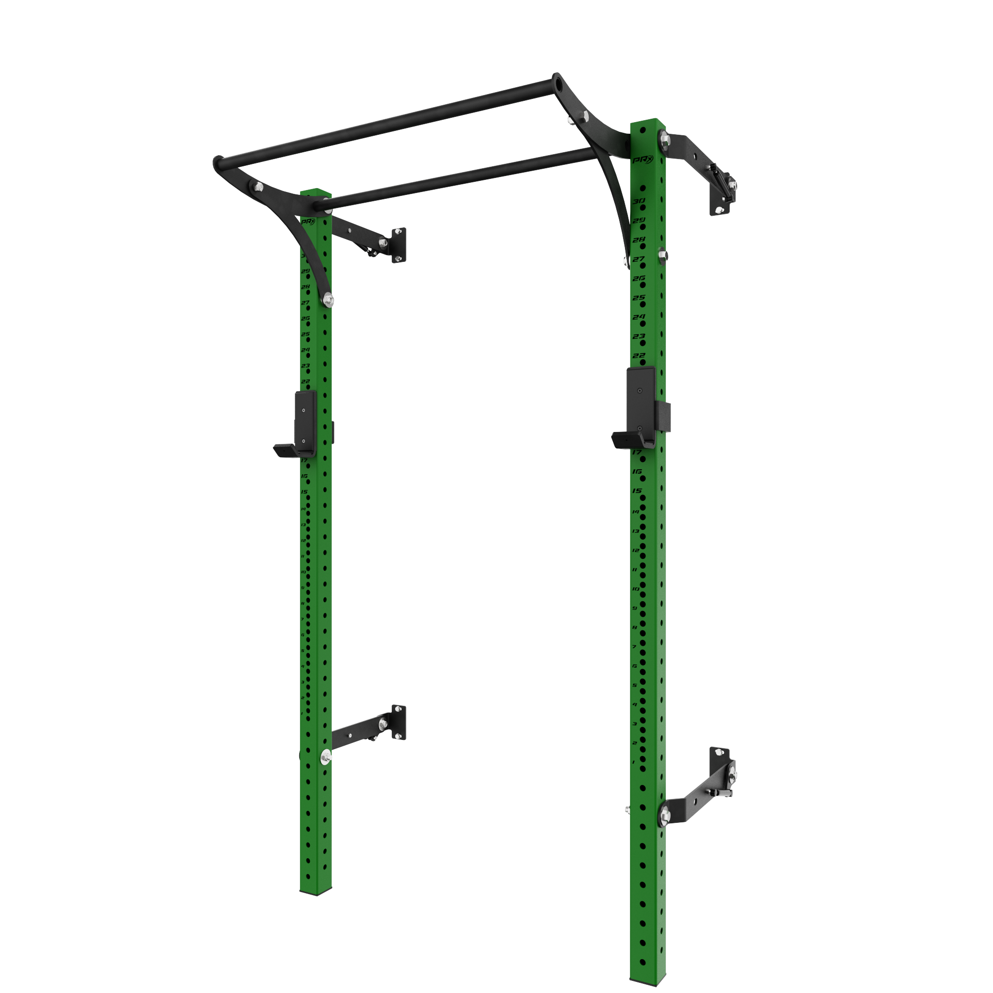 Durable green squat rack with a black overhead pull-up bar, designed for home gym setups with adjustable components.