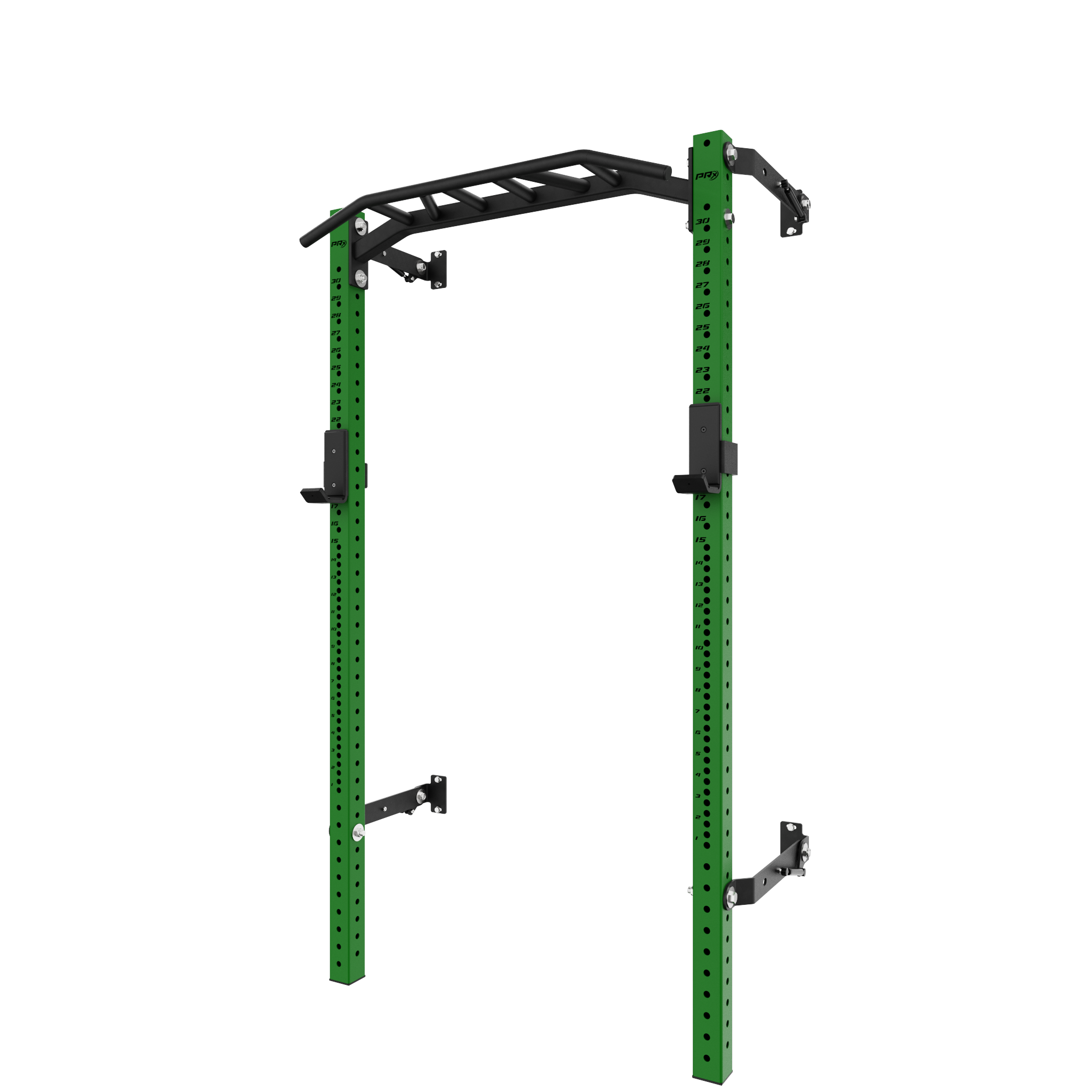 Heavy-duty green squat rack with black pull-up bar, adjustable height pegs, and reinforced support arms for home gym use.