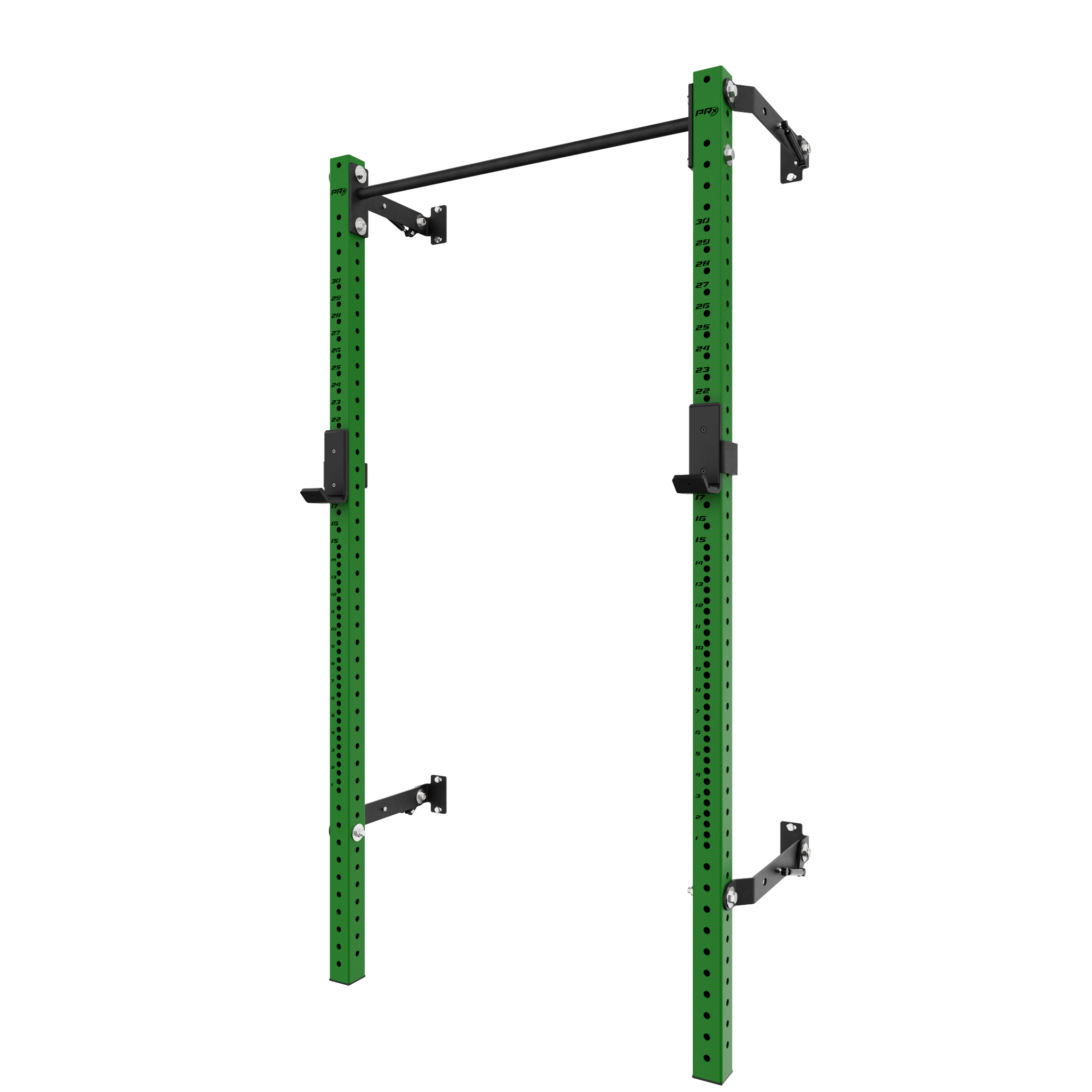 Solid green squat rack with black pull-up bar and adjustable arms, designed for various strength training exercises.