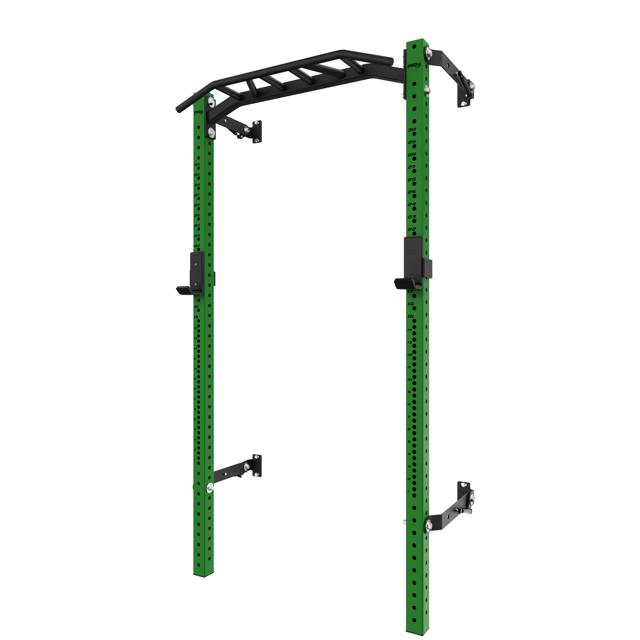 Robust green squat rack with black pull-up bar, featuring adjustable hooks and reinforced support for versatile workouts.