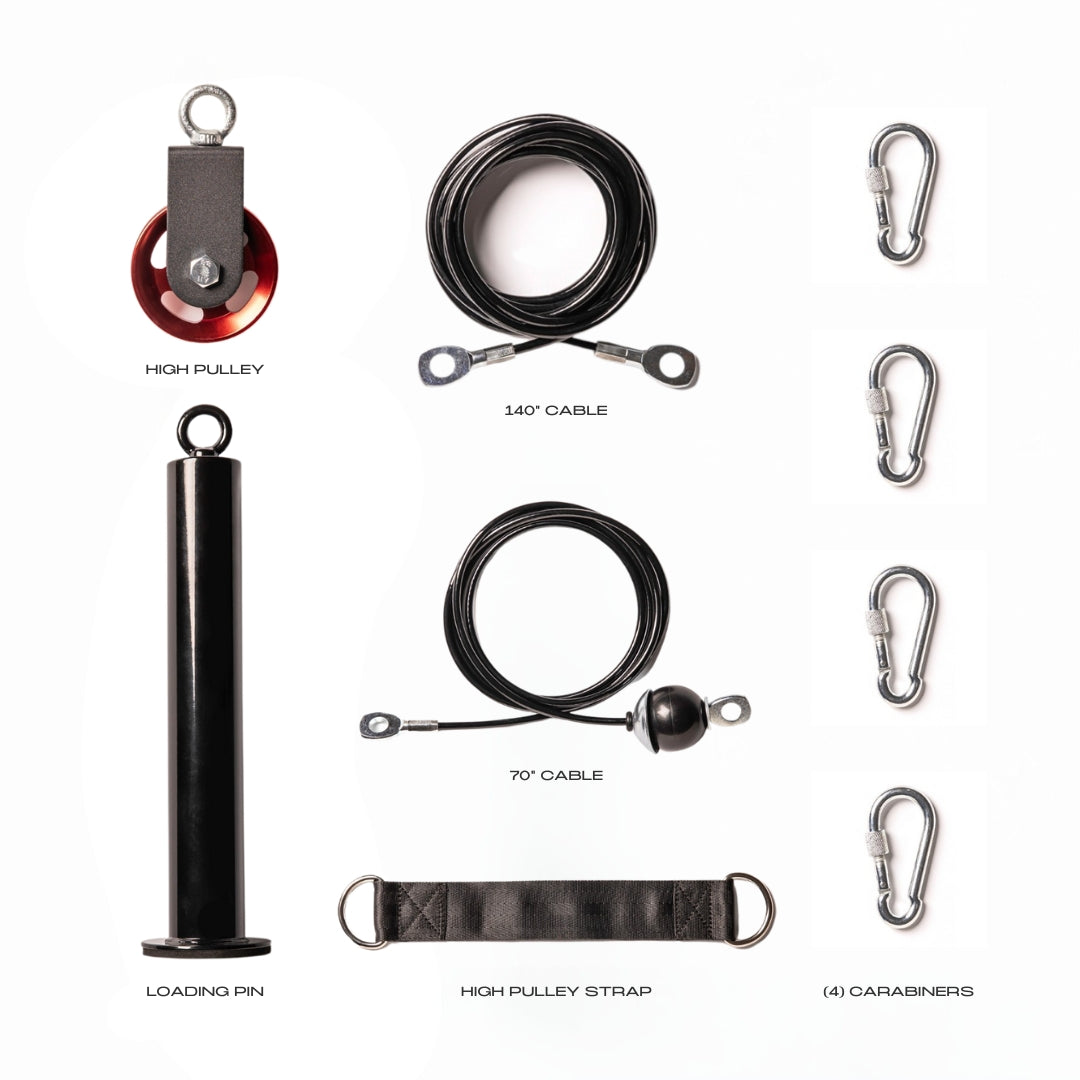 Components of a high pulley system for home gym equipment, including a high pulley with red wheel, 140° cable, 70° cable with ball, loading pin, high pulley strap, and four carabiners.