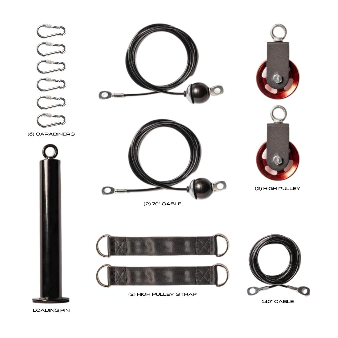 An assortment of home gym equipment components, including six carabiners, two 70° cables, two high pulleys, a loading pin, two high pulley straps, and one 140° cable. The items are arranged neatly with labels indicating their names.