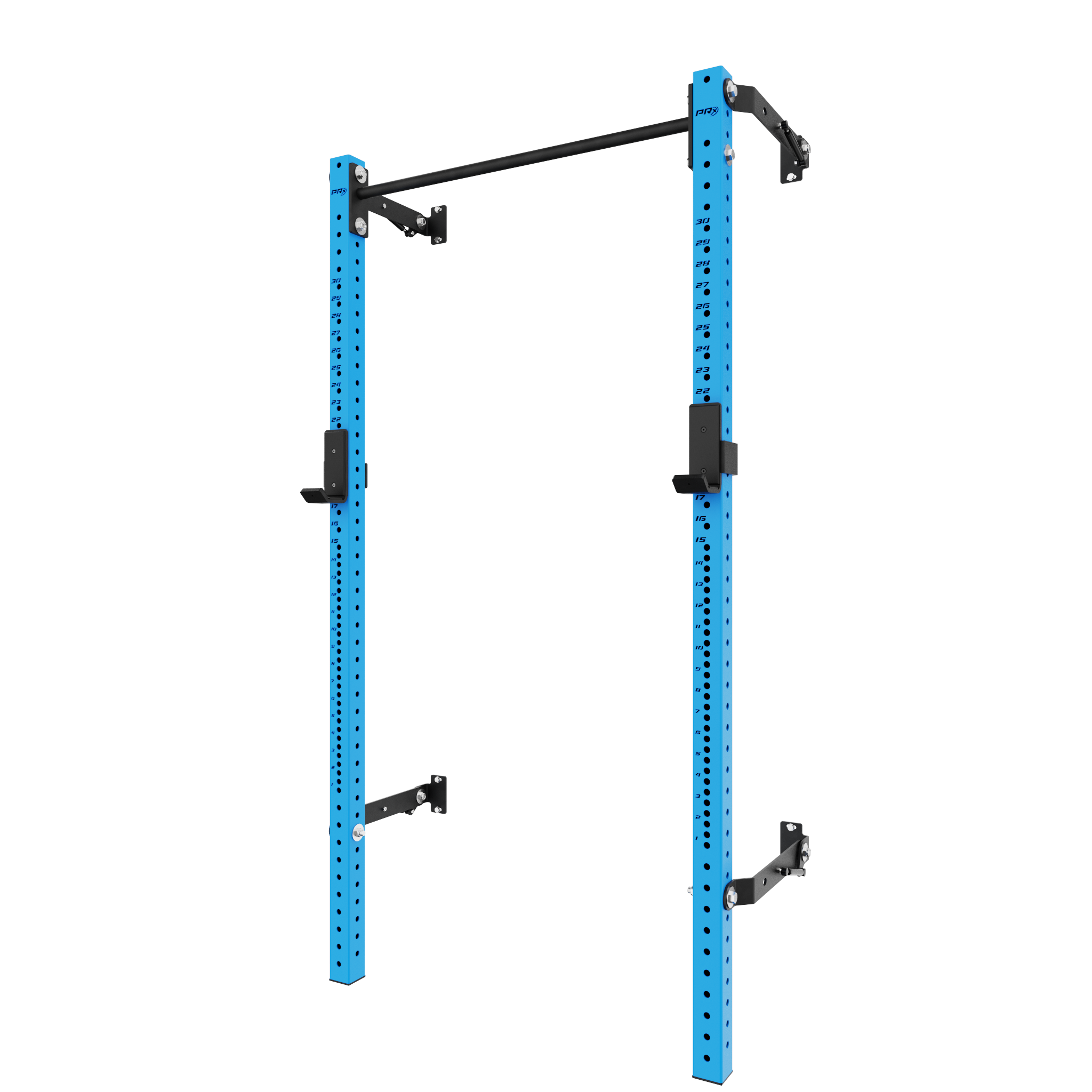 Sturdy blue power rack with pull-up bar and adjustable supports, perfect for strength training and fitness routines.
