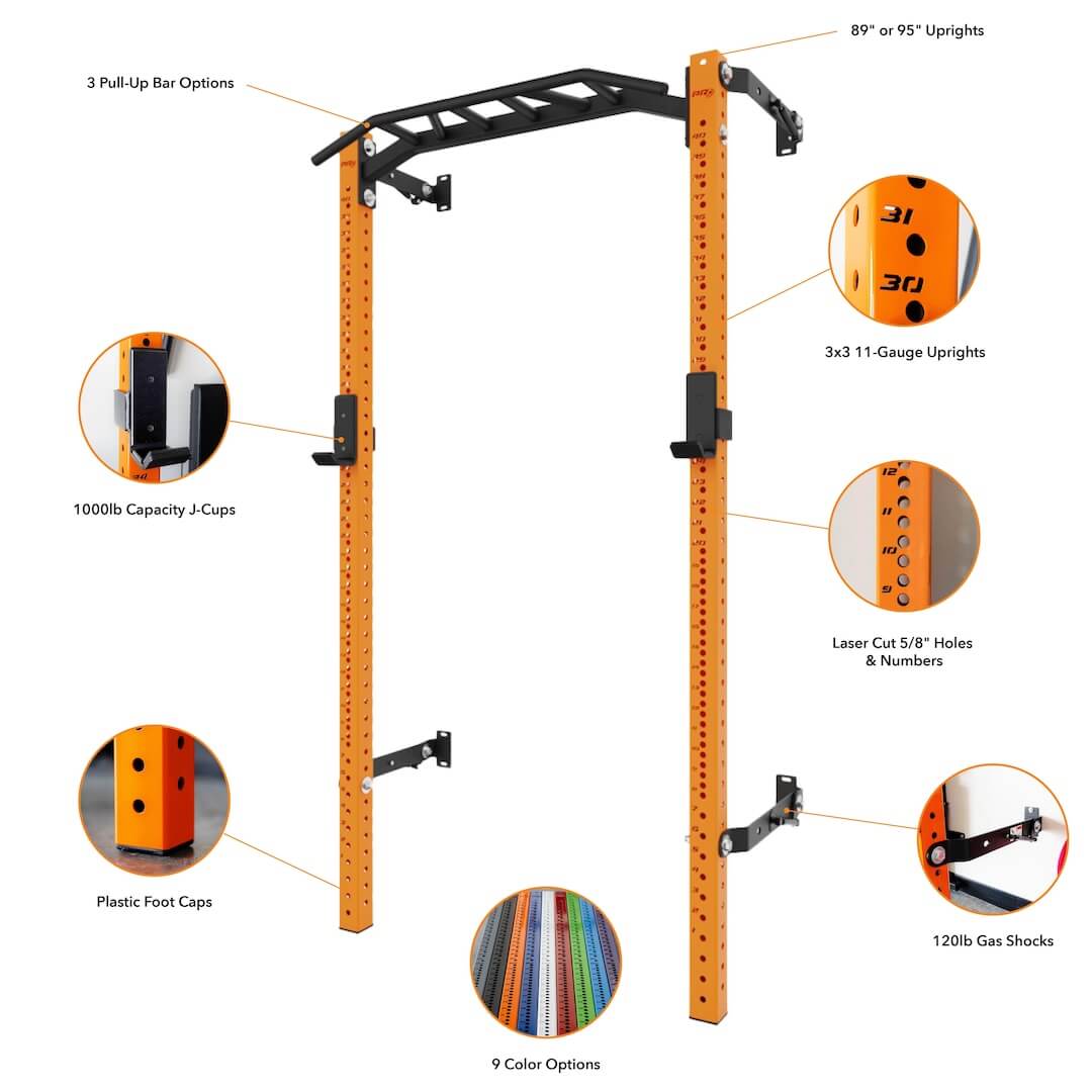 Profile Pro Squat Rack with Pull-Up Bar features 3 pull-up bar options, 1000lb capacity J-Cups, 89” or 95” uprights, and 3x3 11-gauge uprights. Includes laser-cut 5/8” holes and numbers, 120lb gas shocks, plastic foot caps, and 9 color options.