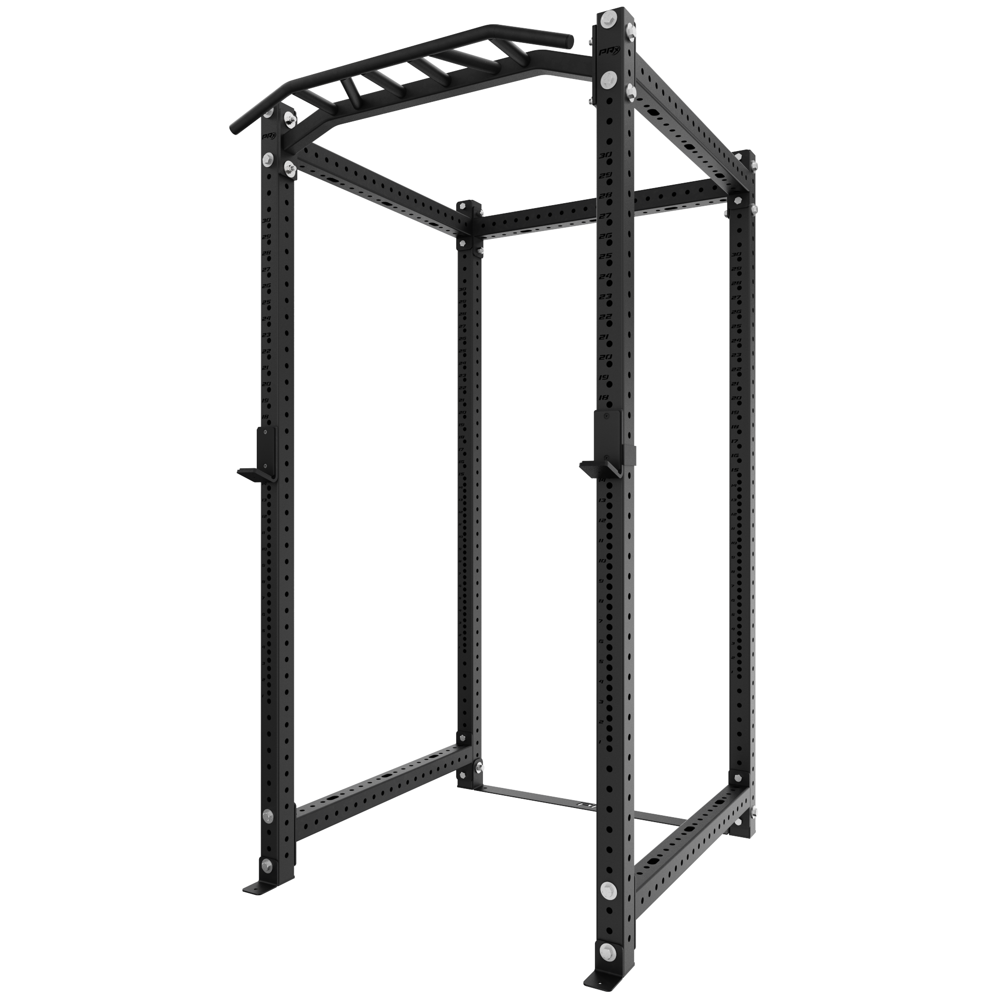 Black squat rack with pull-up bar, adjustable height, and multiple holes for customization. Sturdy design for home gym or commercial use, suitable for various exercises such as squats, pull-ups, and strength training.