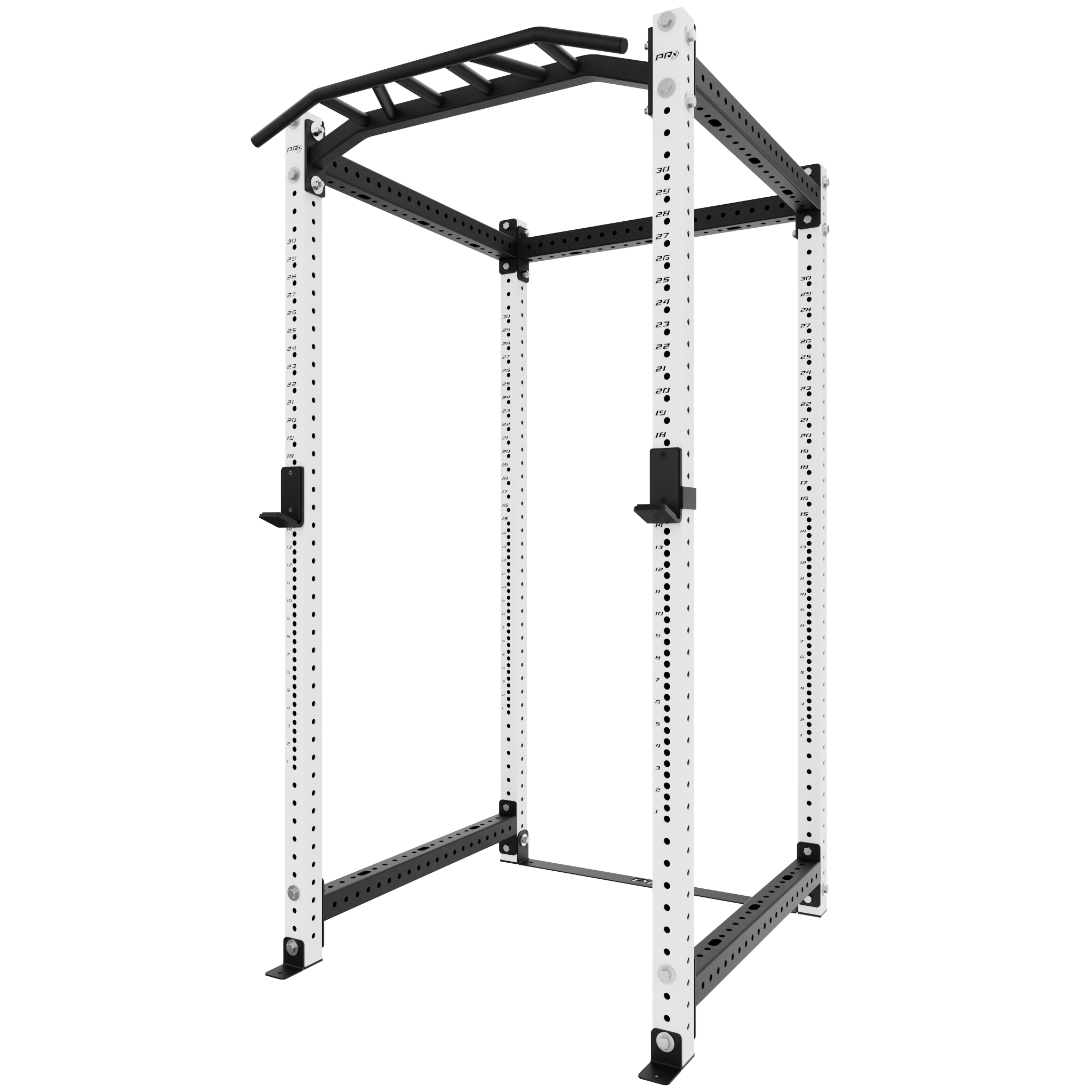 White and black power rack with adjustable height, multiple vertical holes for customization, and a pull-up bar at the top, designed for strength training and home gym use.