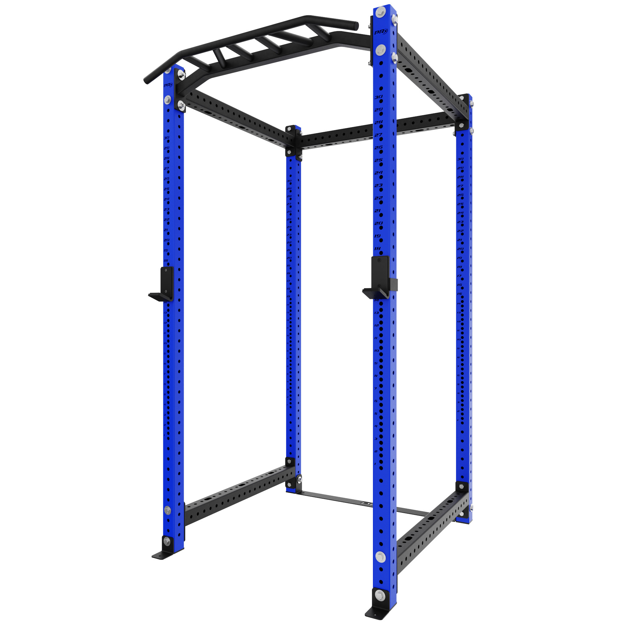 Heavy-duty blue power rack with a pull-up bar, adjustable settings, and a sturdy steel frame for strength training and home gym use.
