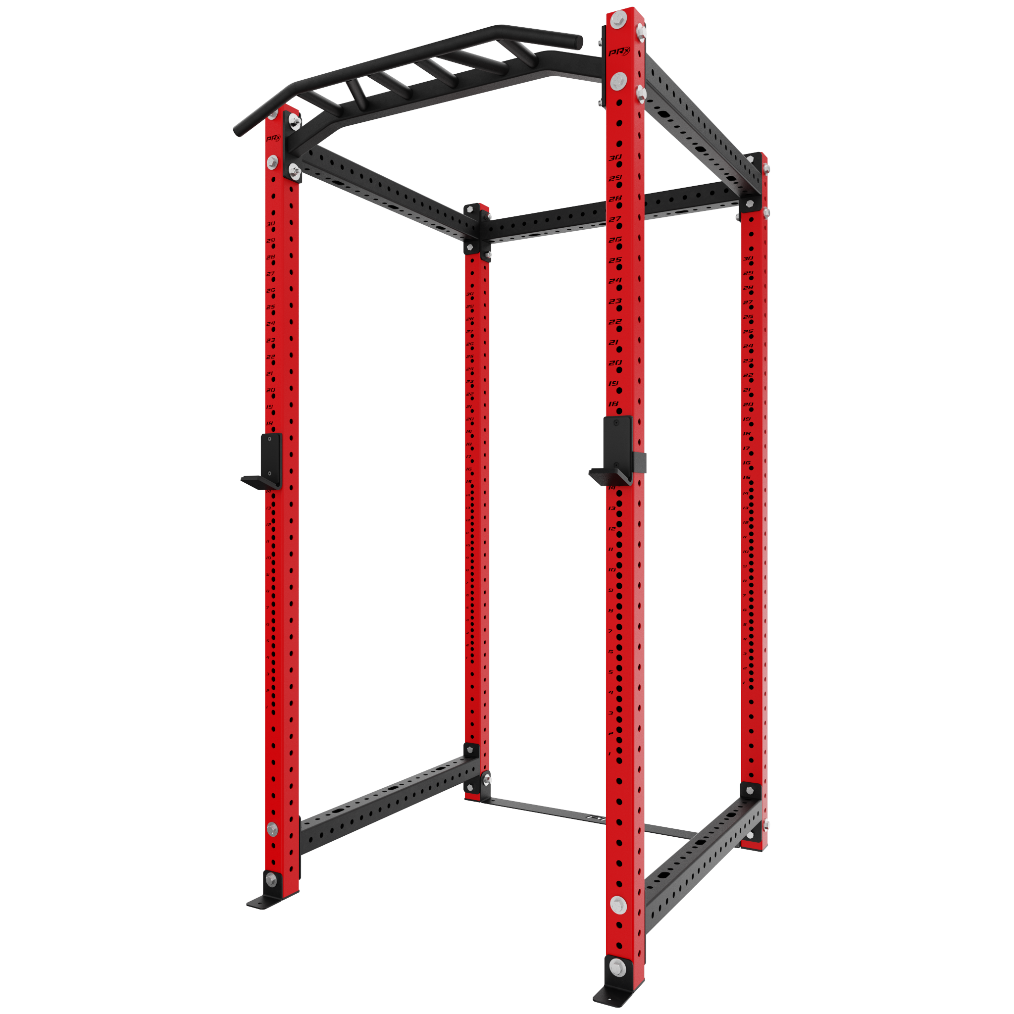 Red power rack with black pull-up bar, adjustable height settings, and heavy-duty metal construction, designed for strength training and fitness exercises.