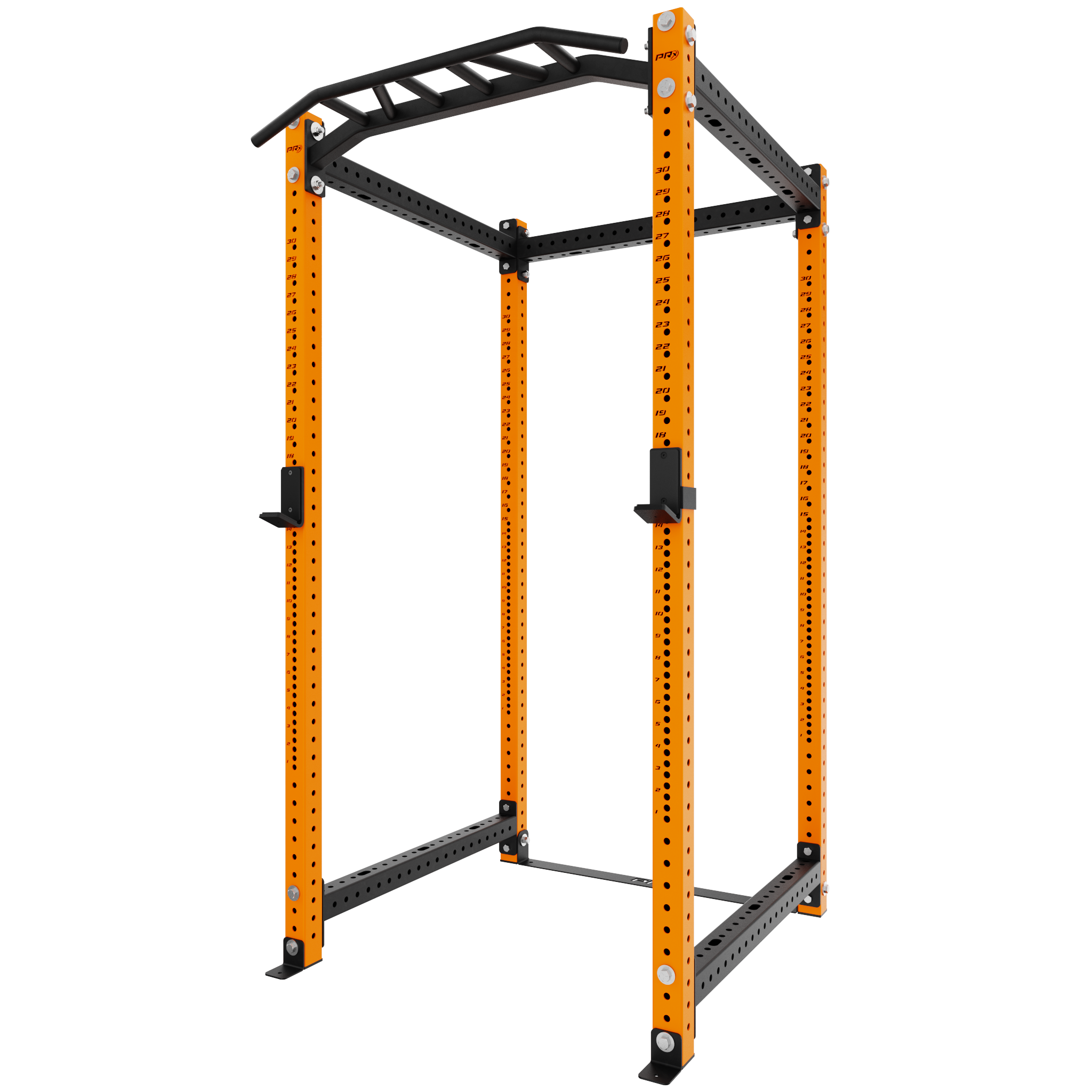 High-quality orange and black squat rack with adjustable height, pull-up bar, and sturdy construction, ideal for home gym workouts and strength training.