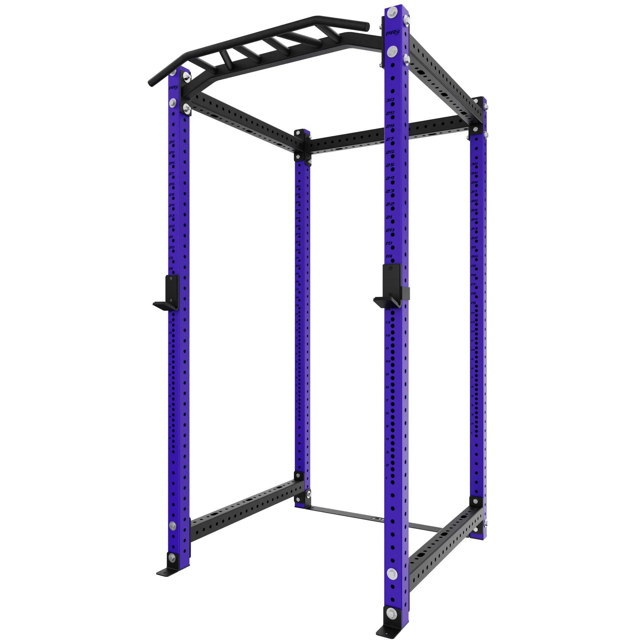 Purple strength training rack with adjustable vertical columns, horizontal pull-up bar, and sturdy construction, designed for home gym workouts.