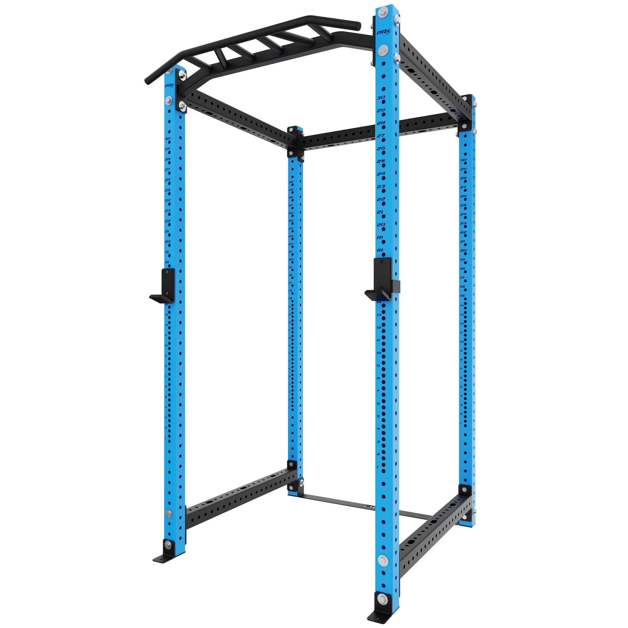 Blue squat rack with adjustable height levels and pull-up bar, designed for strength training and home gyms. The rack features sturdy metal construction with multiple hole positions for versatility in workouts like squats, bench presses, and pull-ups.