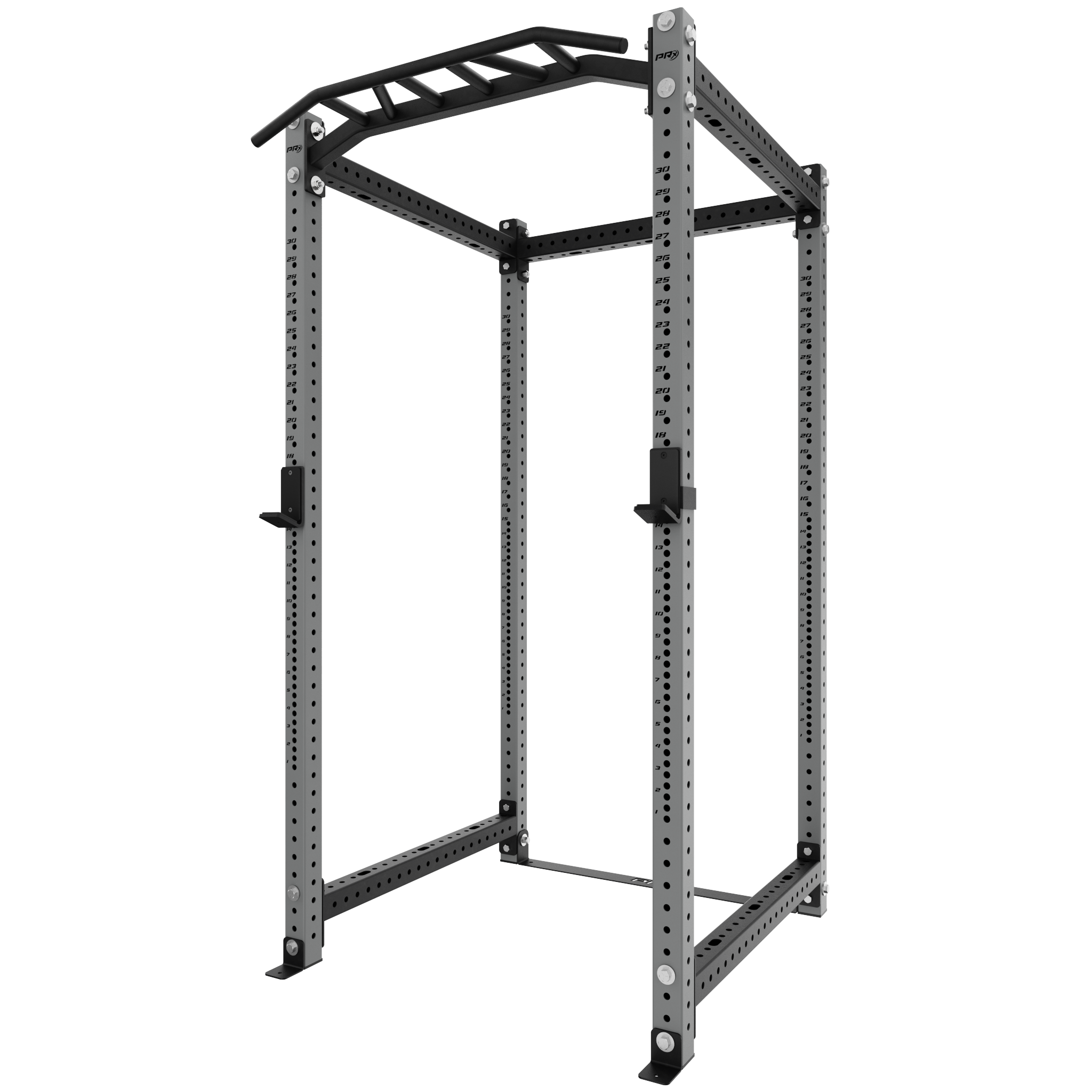 Heavy-duty power rack with adjustable height options, designed for strength training. It features a pull-up bar at the top and durable, steel construction with numbered markings on the uprights for easy customization. Ideal for weightlifting and home gyms.