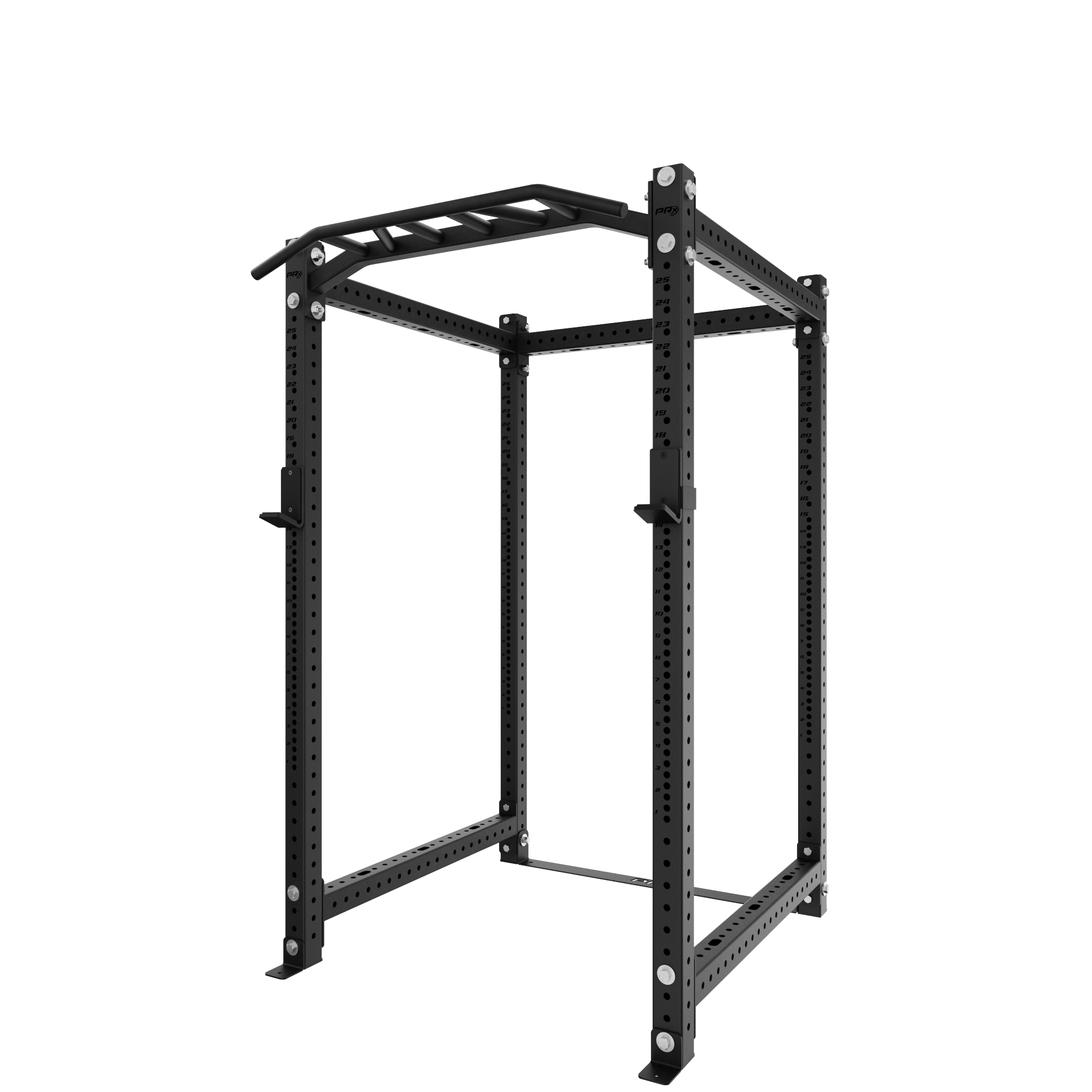 Black power rack with a pull-up bar and adjustable hooks for strength training exercises like squats, bench presses, and pull-ups. Sturdy construction with multiple adjustable heights and holes for versatile workout options.