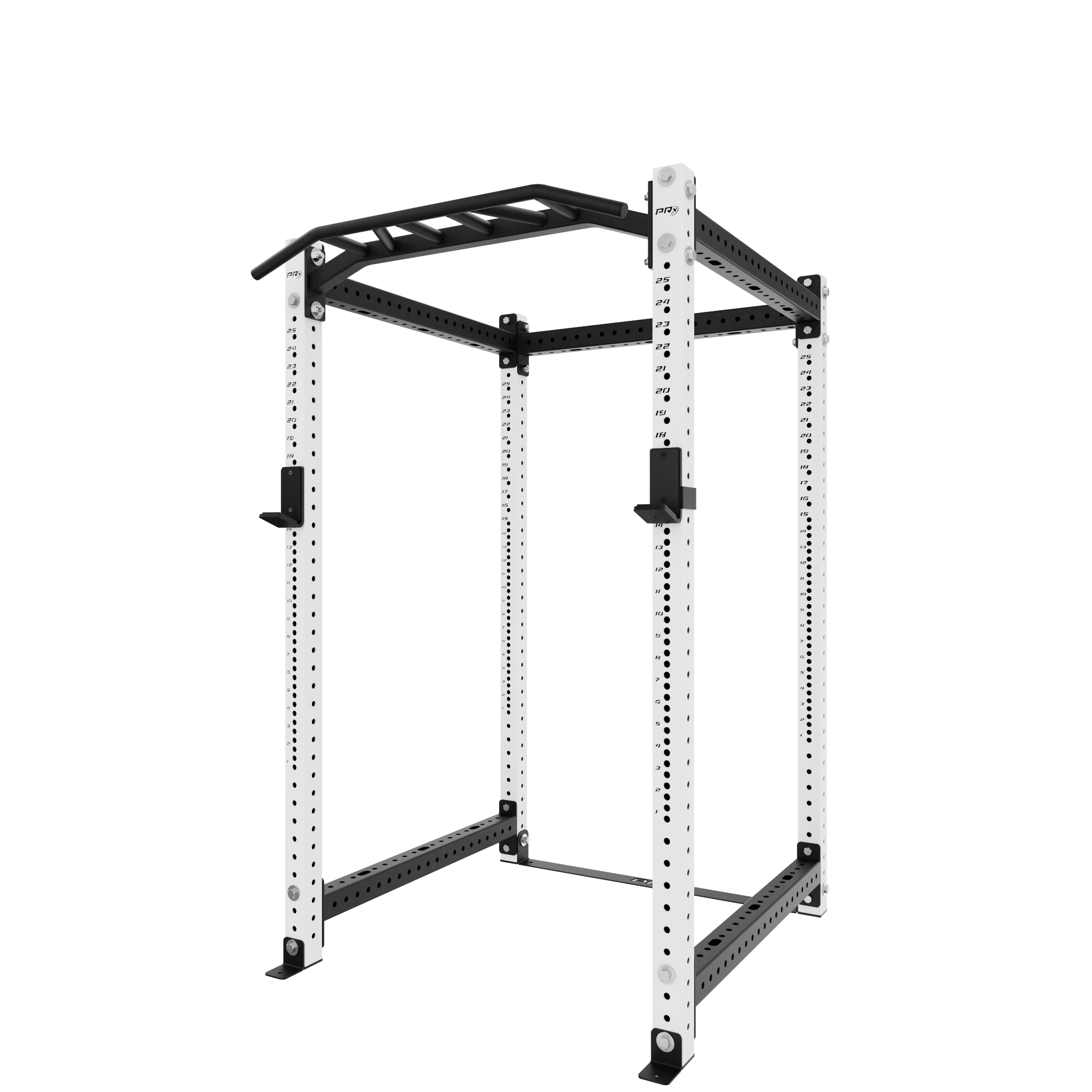 White power rack with adjustable pull-up bar and safety features for home gym workout. Heavy-duty steel construction with multiple height options and secure attachments for a full-body strength training routine.