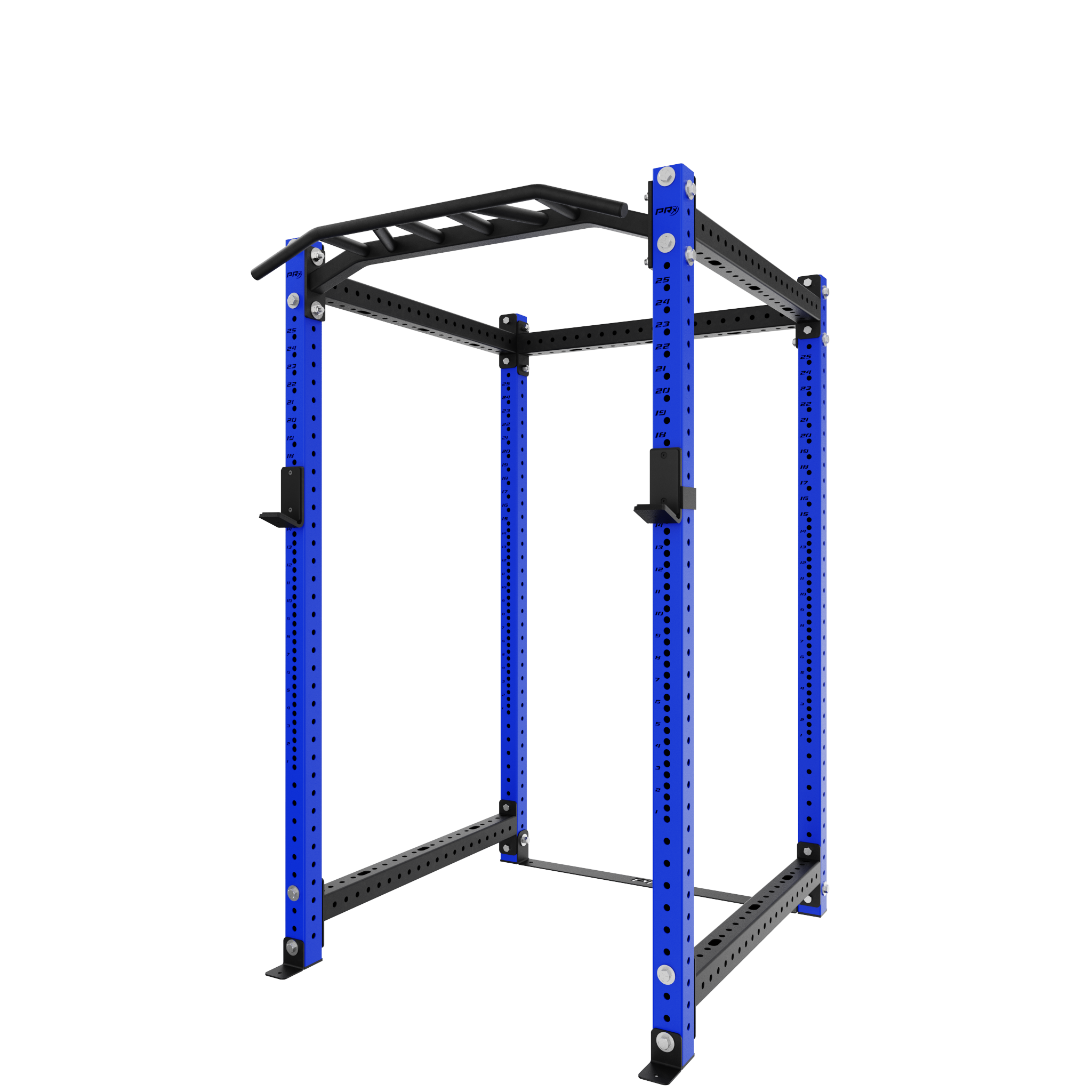 Blue heavy-duty squat rack with adjustable height and pull-up bar, designed for strength training and home gym use.