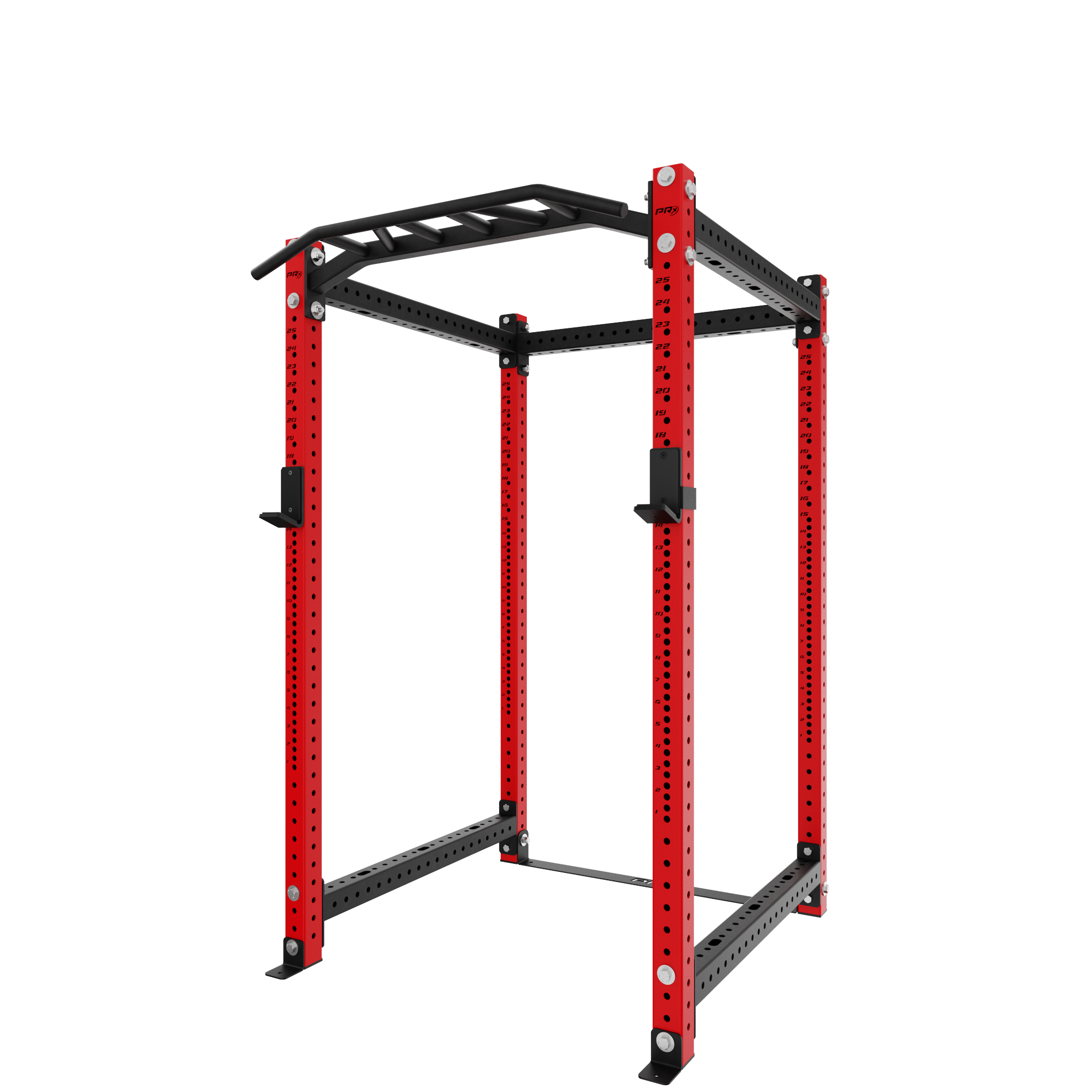 Red and black power rack with pull-up bar, adjustable height settings, and sturdy construction for home gym and fitness use.