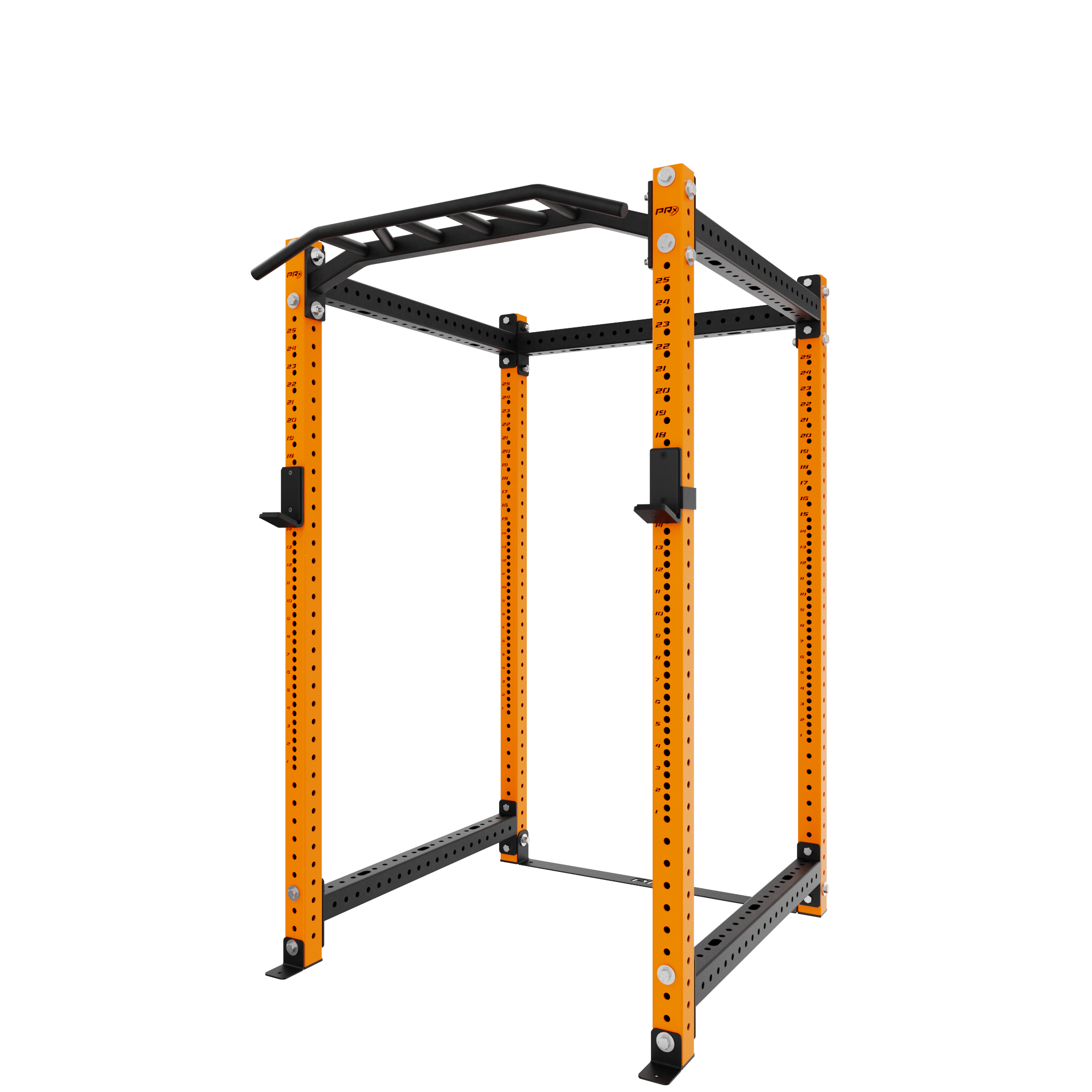 Heavy-duty power rack with adjustable pull-up bar and multiple height settings, designed for strength training and home gym use. Features orange and black powder-coated steel frame with durable construction.