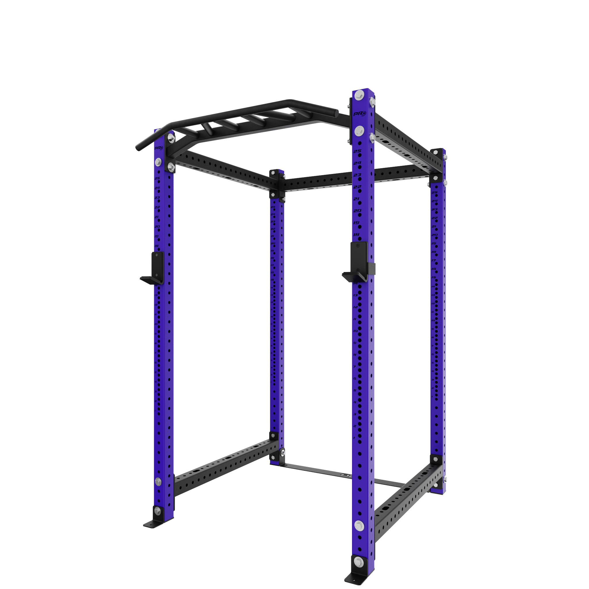 Purple power rack with a black pull-up bar and adjustable height settings, designed for strength training and fitness exercises. Includes a sturdy metal frame with multiple holes for customization and attachments.