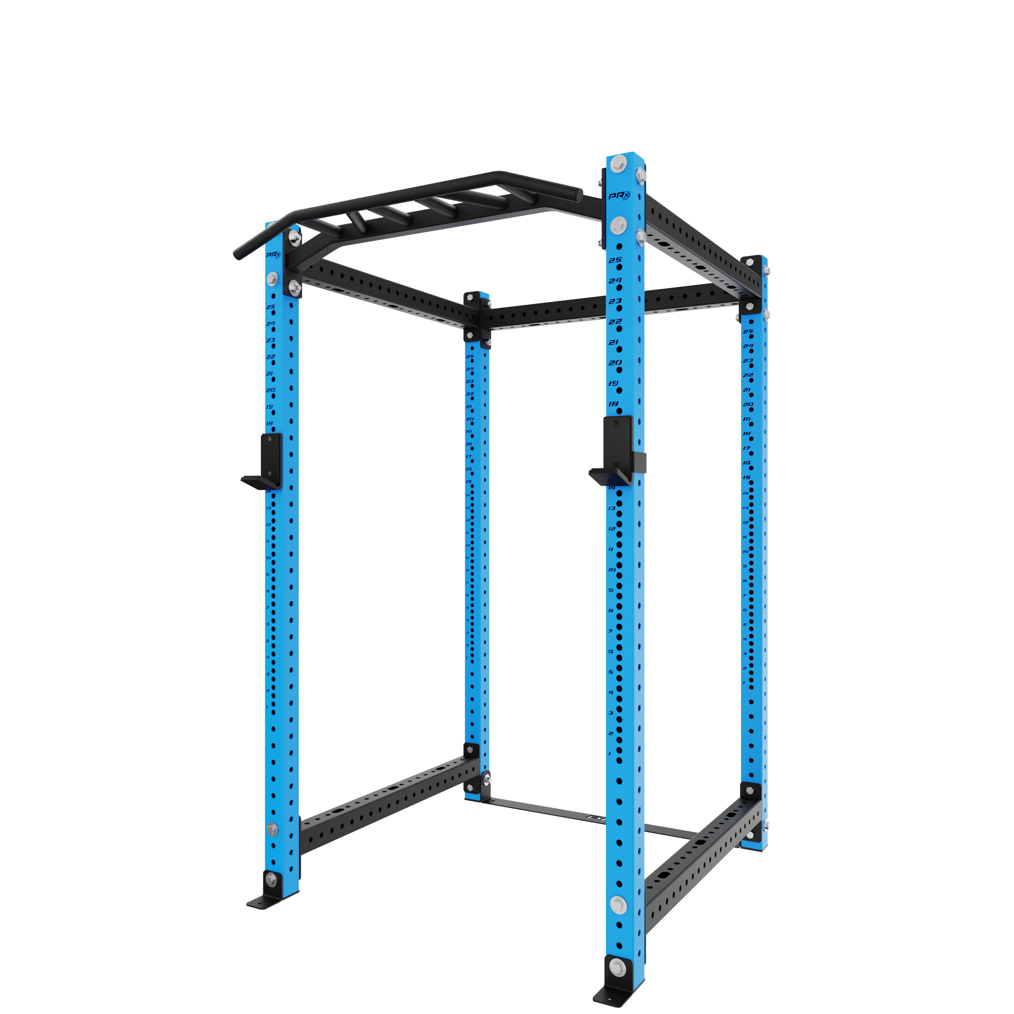 Blue power rack with pull-up bar, adjustable safety arms, and vertical holes for customization. The sturdy frame is designed for heavy lifting, suitable for home or gym use.