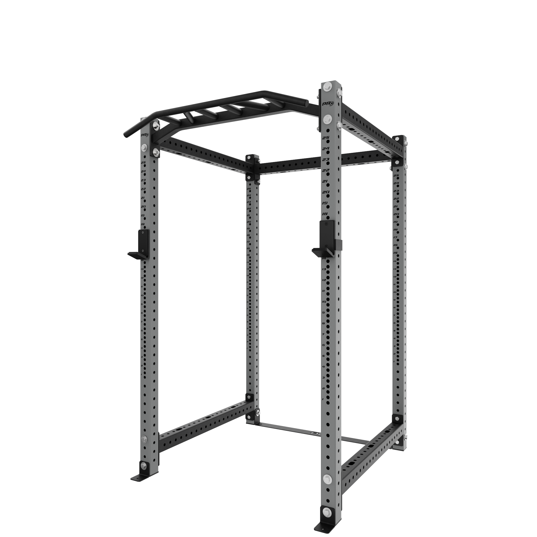 Heavy-duty power rack with pull-up bar, adjustable height, and durable metal frame, designed for strength training and home gyms.