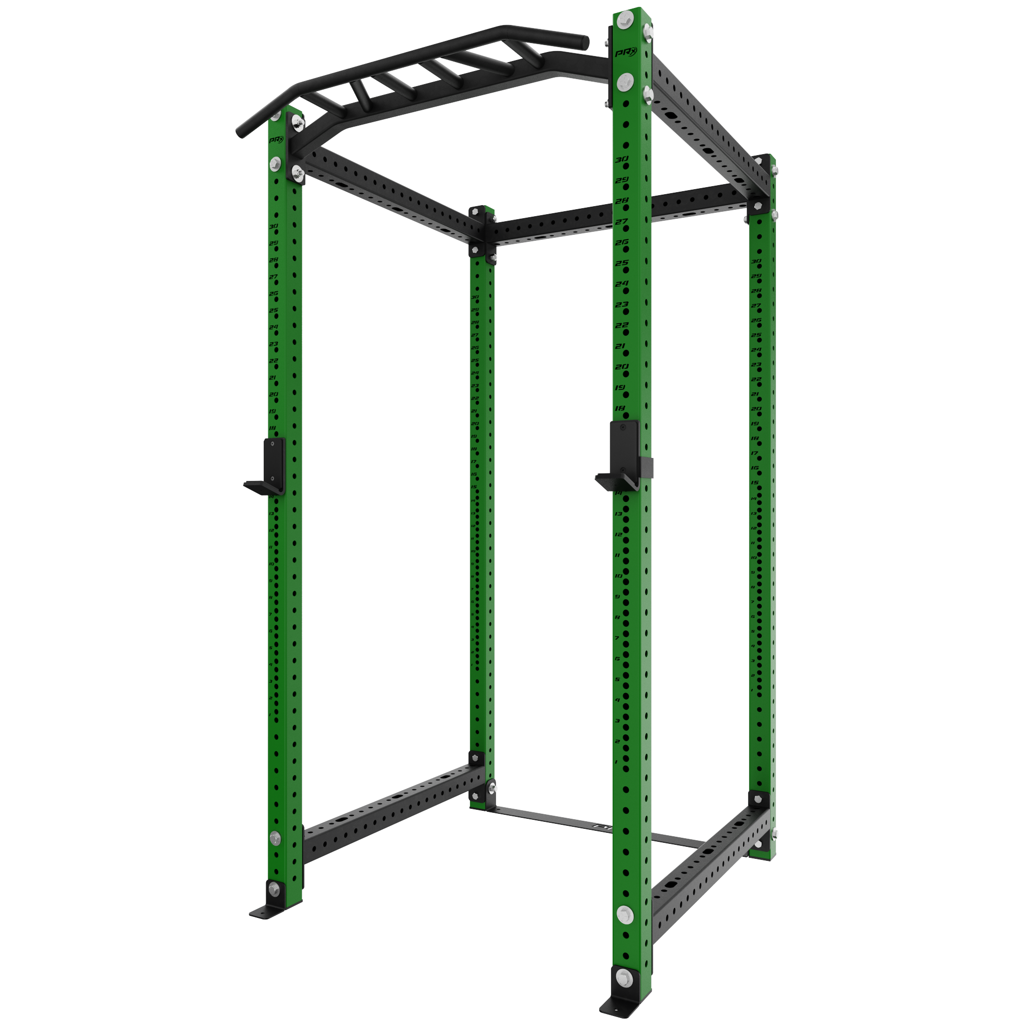 Green and black power rack with pull-up bar, adjustable safety bars, and multiple holes for customization. Designed for strength training and gym use, this rack supports various workout exercises including squats and pull-ups.