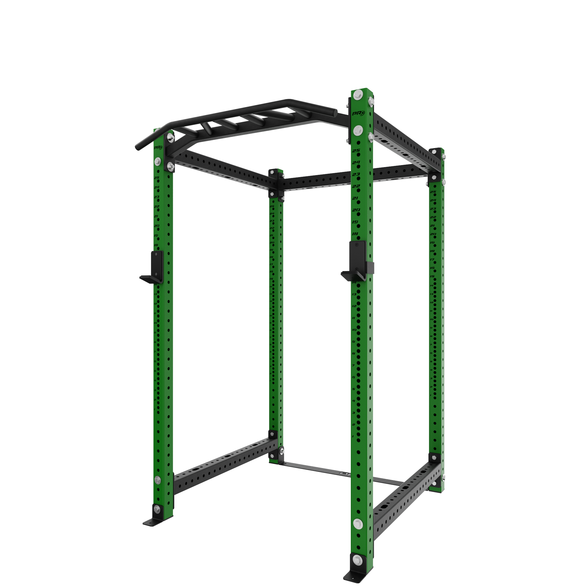 Green power rack with black pull-up bar and adjustable safety bars for weightlifting exercises, designed for home gym use. Features multiple holes for customization and durability.