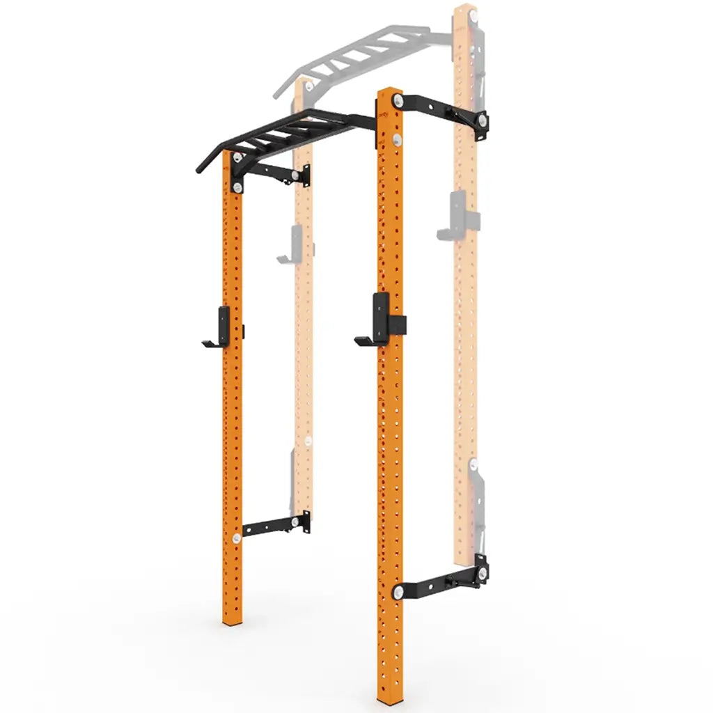 Pull-up rack with adjustable height and sturdy orange frame, featuring black horizontal bar and mounting brackets on the sides for stability and versatility in home gym setups.