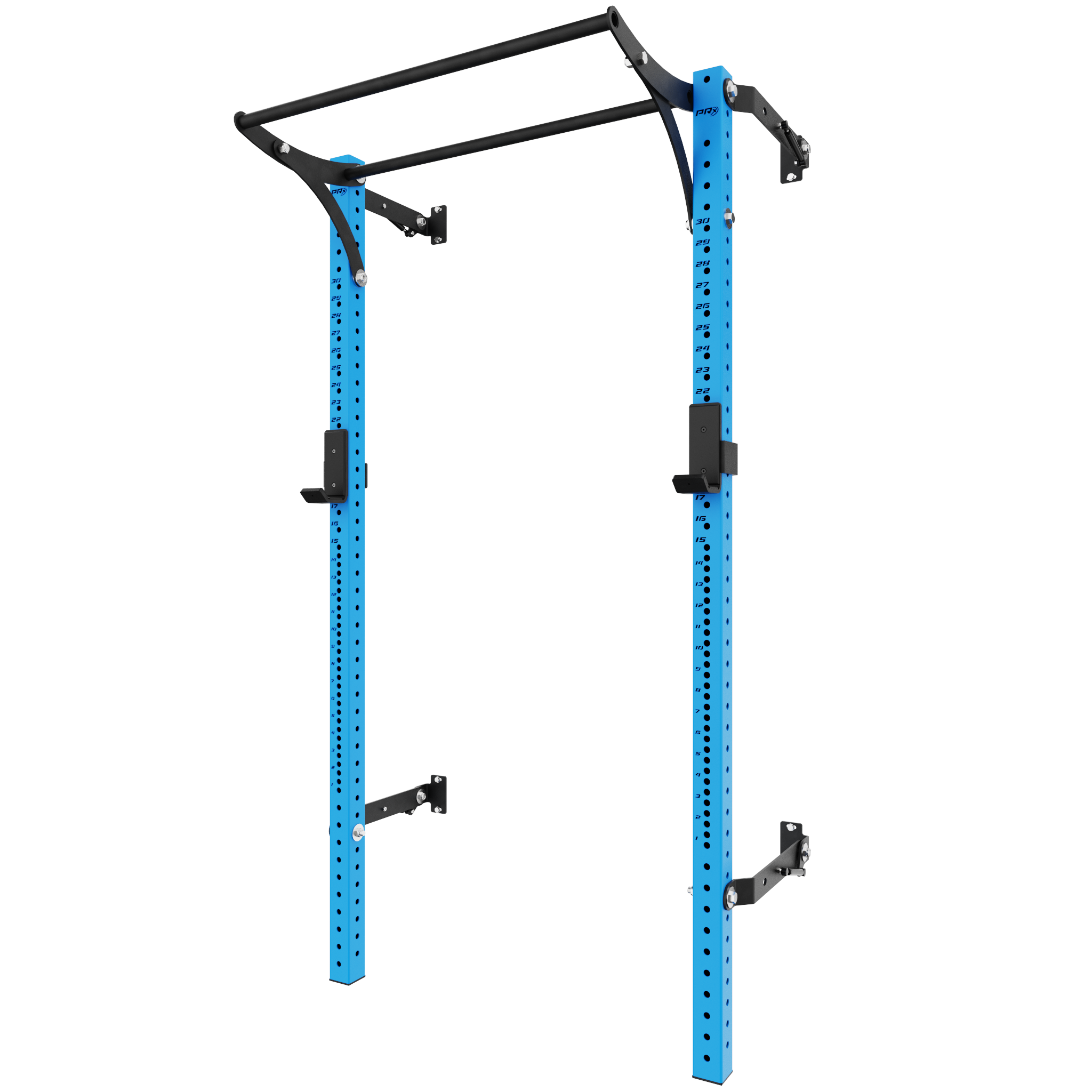 Blue pull-up bar rack with adjustable height, designed for home gym use.