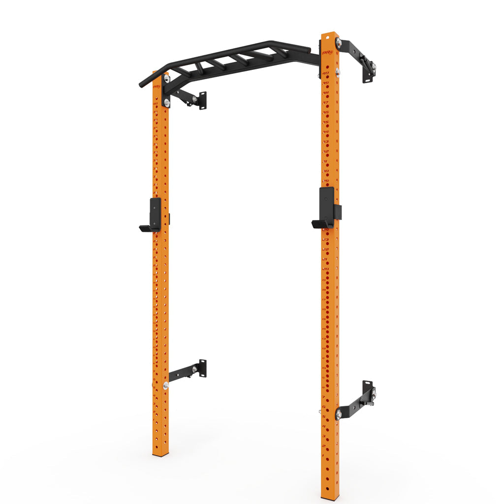 Profile Pro Squat Rack with Pull-Up Bar - An orange squat rack featuring adjustable safety bars, a pull-up bar at the top, and sturdy black supports for versatile strength training exercises.