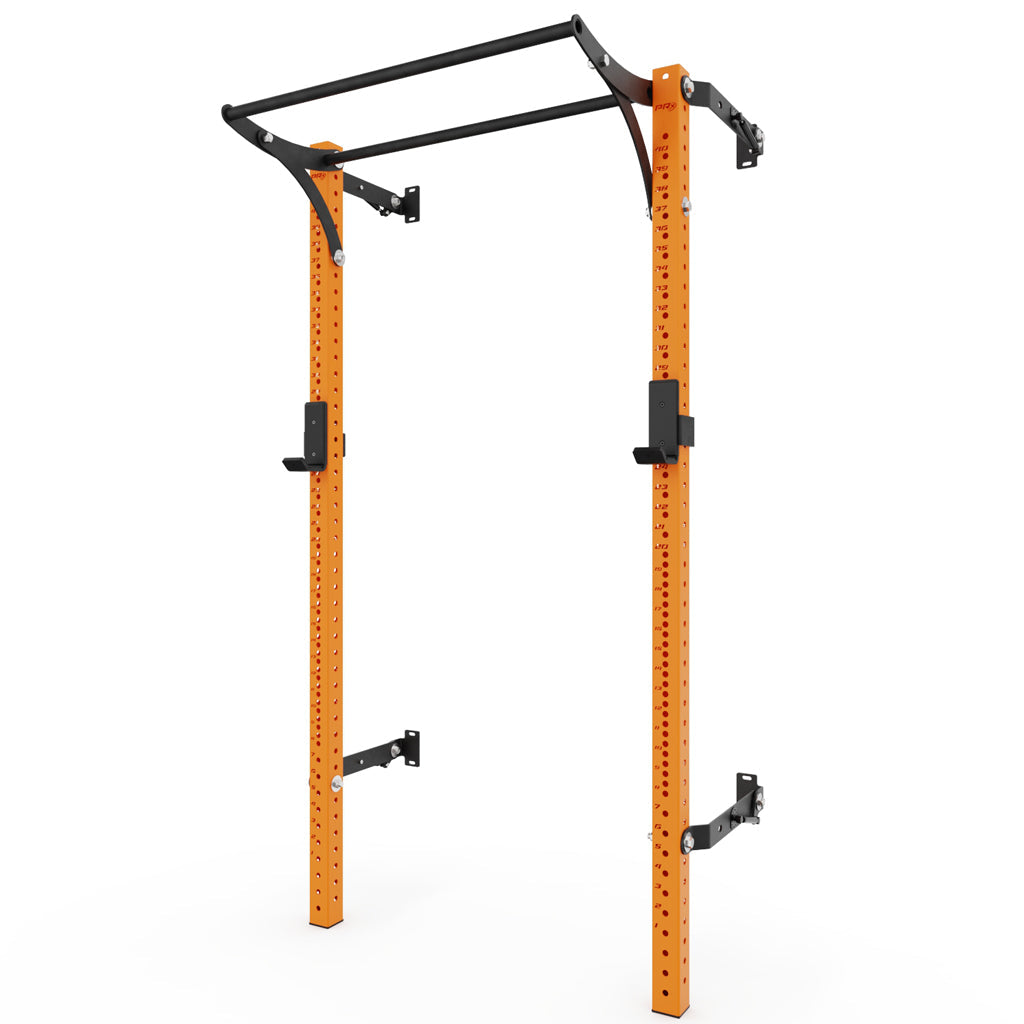 Orange squat rack with pull-up bar attached, featuring adjustable height settings and sturdy construction for home gym use.