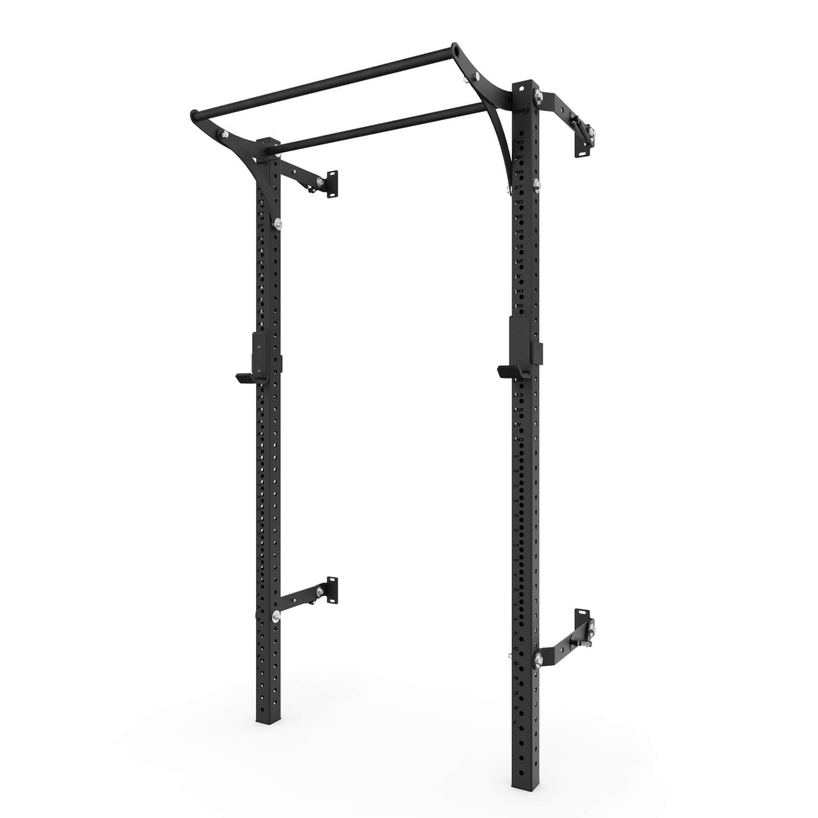 Heavy-duty squat rack with adjustable pull-up bar for home gym workouts, featuring sturdy metal construction and multiple adjustment options for various exercises.