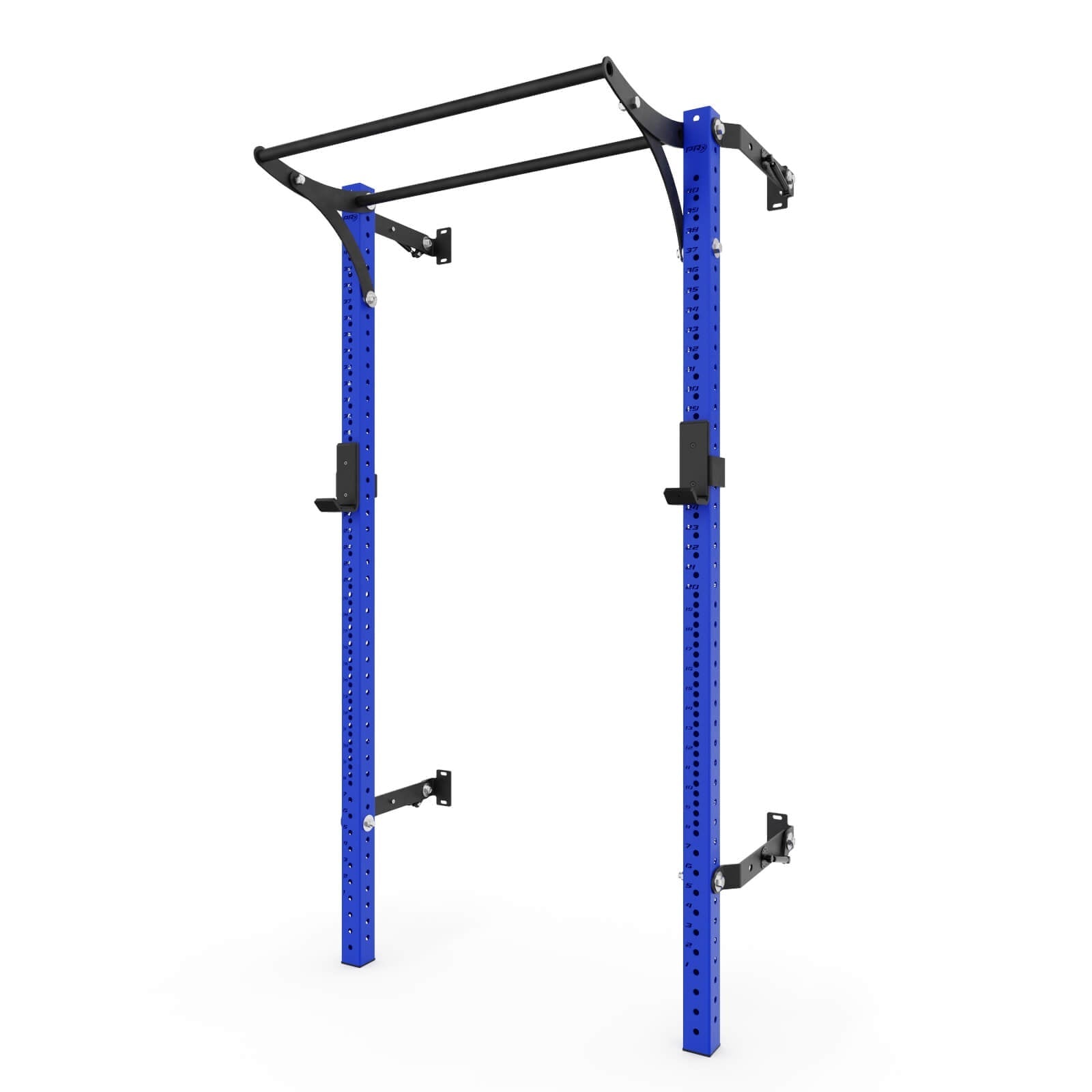 Blue profile pro squat rack with pull-up bar, featuring adjustable height positions and sturdy design for home gym use.