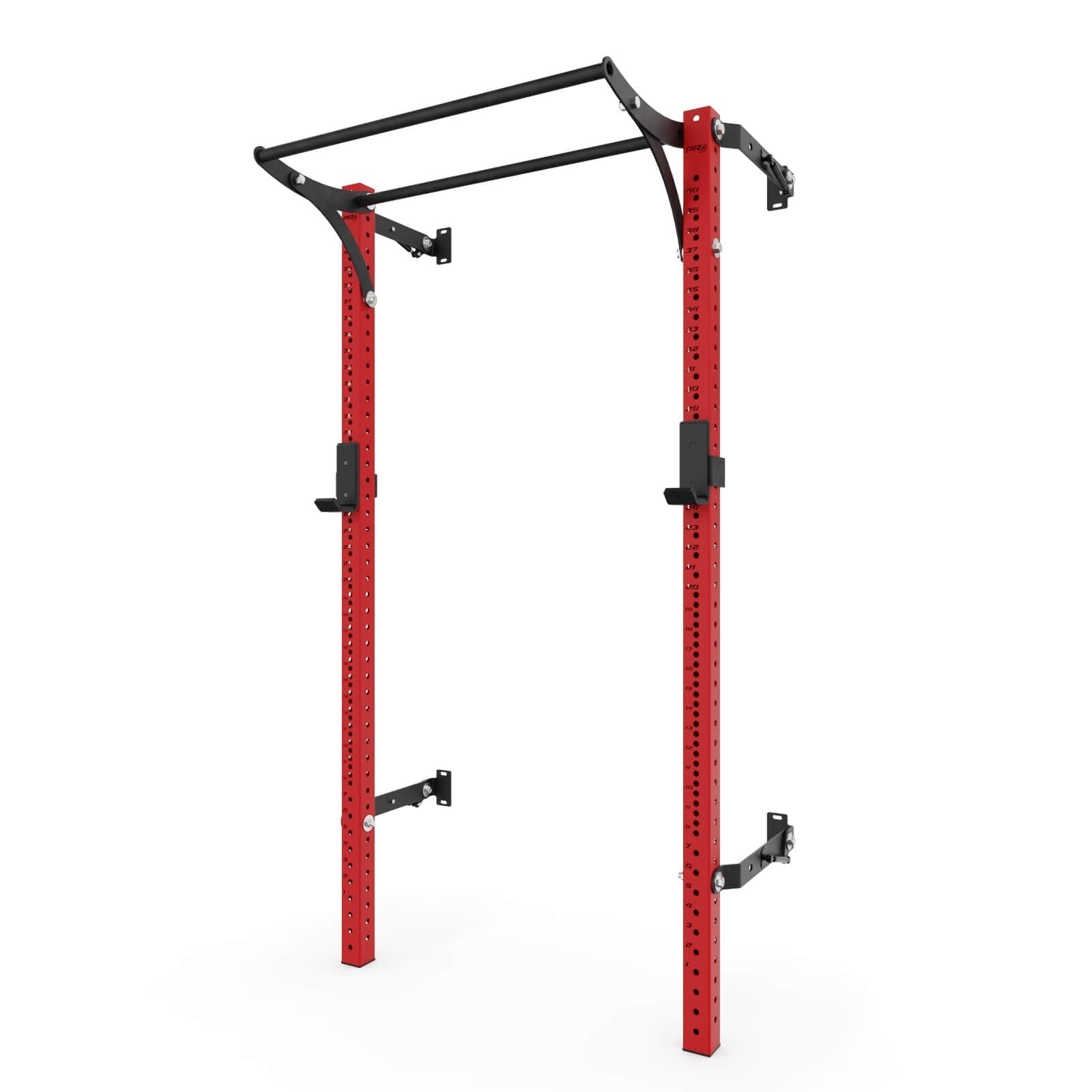 Red Pro Squat Rack with Pull-Up Bar Durable and adjustable strength training equipment, featuring a pull-up bar and multiple height settings for various exercises.