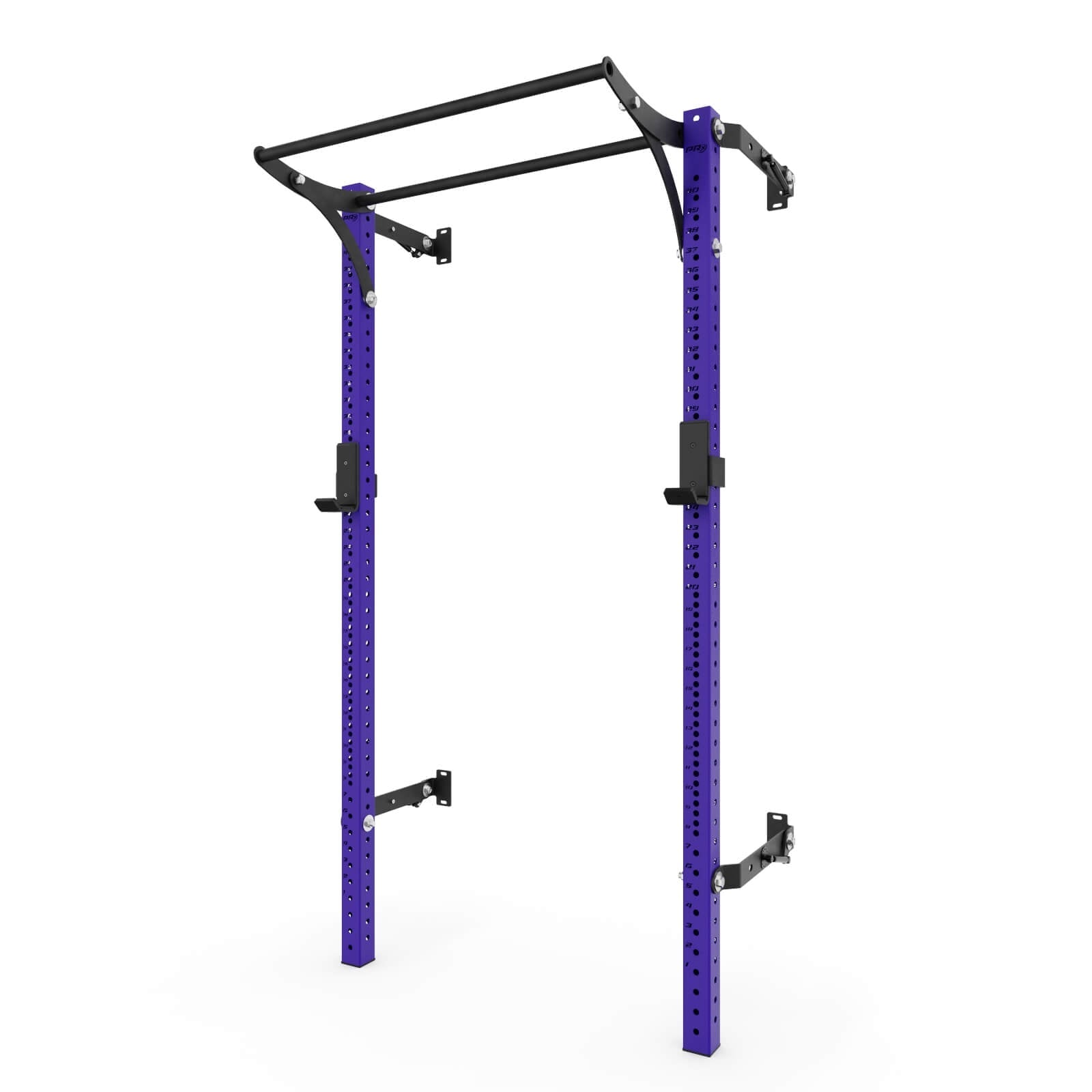 Purple profile pro squat rack with pull-up bar, featuring adjustable holes for customization, sturdy metal frame, and heavy-duty attachments for workout exercises."