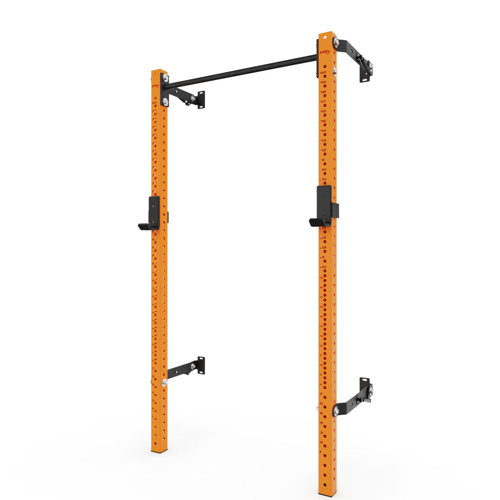 Orange squat rack with adjustable pull-up bar and sturdy supports, designed for home gym use. Features multiple adjustment holes for customizable height settings and durable metal construction.