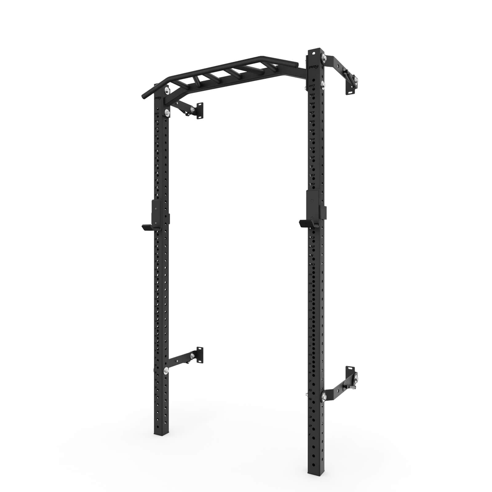 Black profile pro squat rack with pull-up bar, featuring adjustable height and multiple attachment points for strength training exercises like squats, pull-ups, and more.