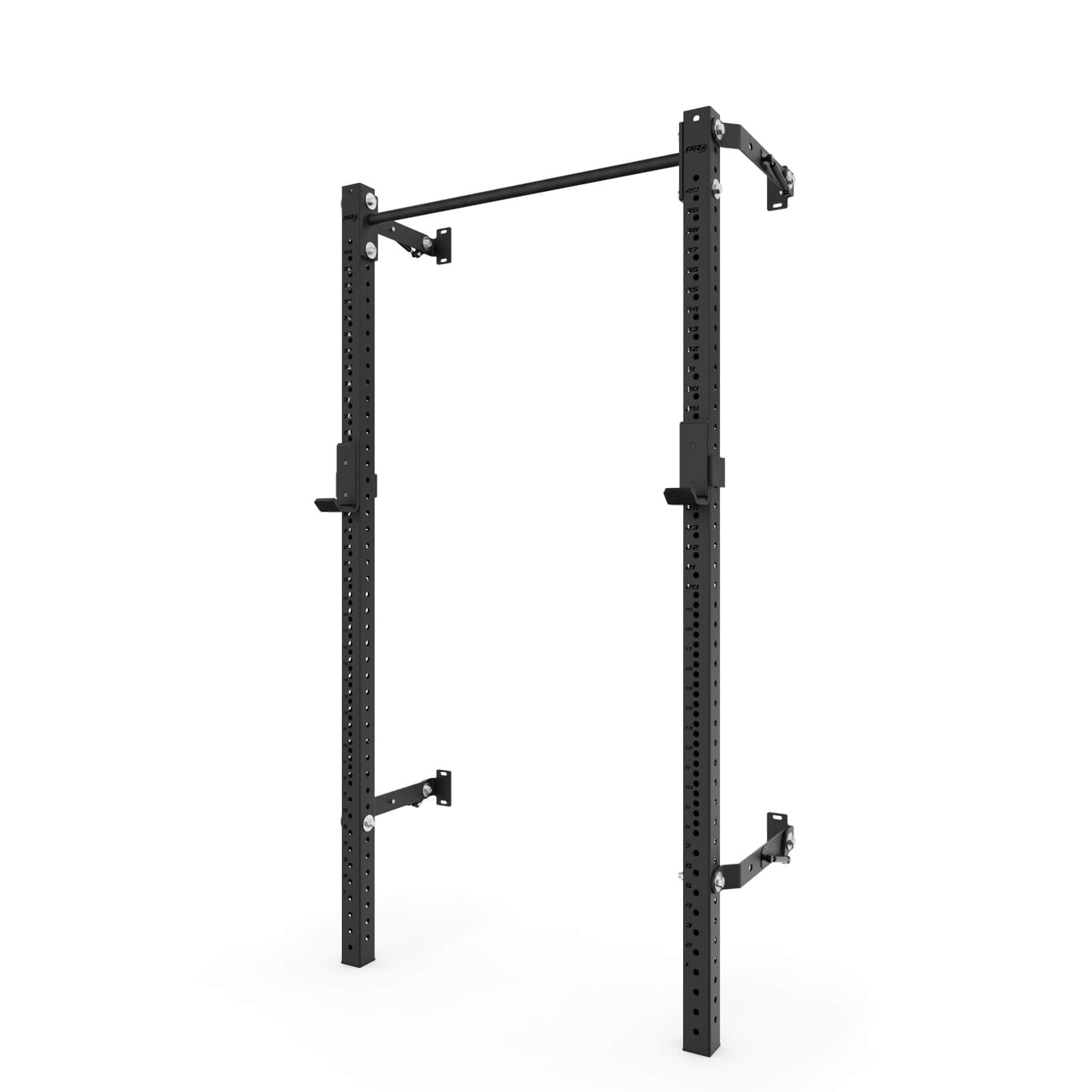 Black profile pro squat rack with pull-up bar, featuring adjustable holes for customization, durable metal frame, and strong attachments for workout exercises.