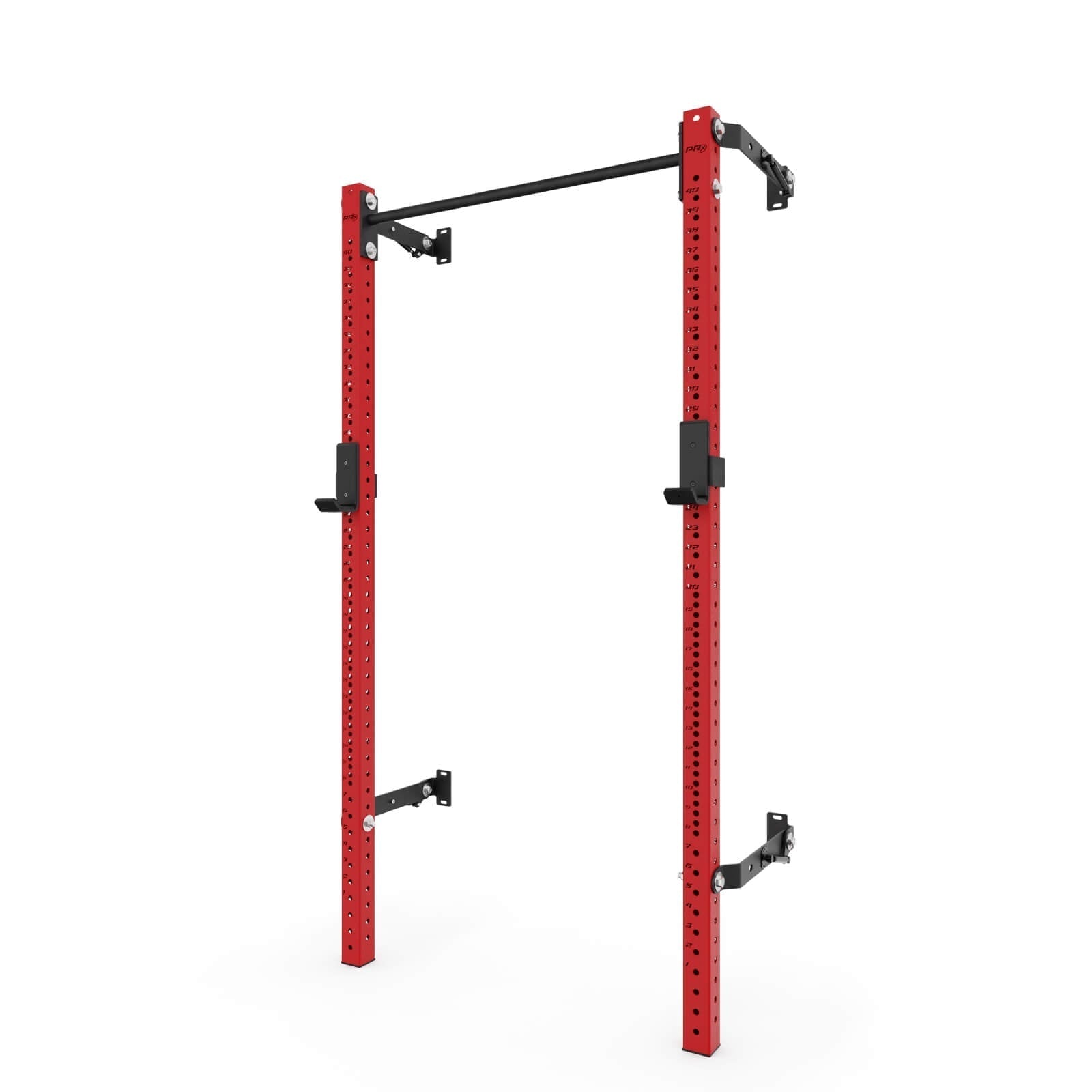 Red Pro Squat Rack with Pull-Up Bar, featuring adjustable height settings and sturdy black components for a versatile home gym setup.