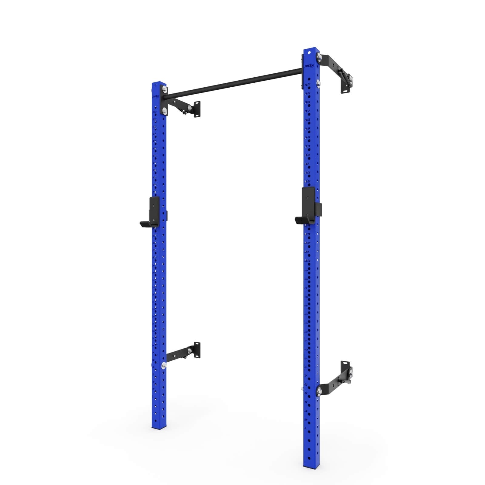 Blue squat rack with adjustable pull-up bar and durable metal construction, designed for home gym use. Features multiple height adjustment holes for personalized workouts and stable support for various exercises.