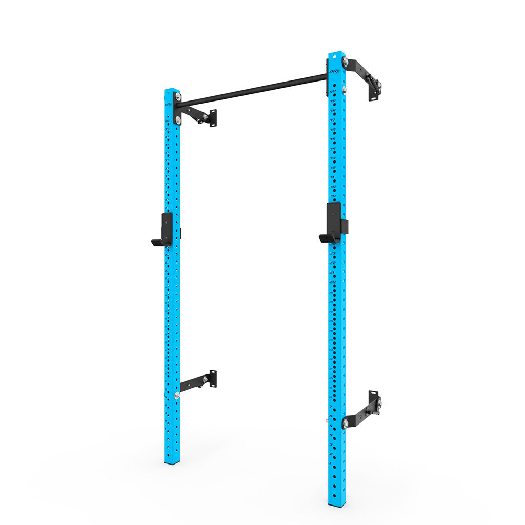 Blue squat rack with adjustable pull-up bar, featuring multiple height options and sturdy black hardware, designed for home gym use and strength training exercises.