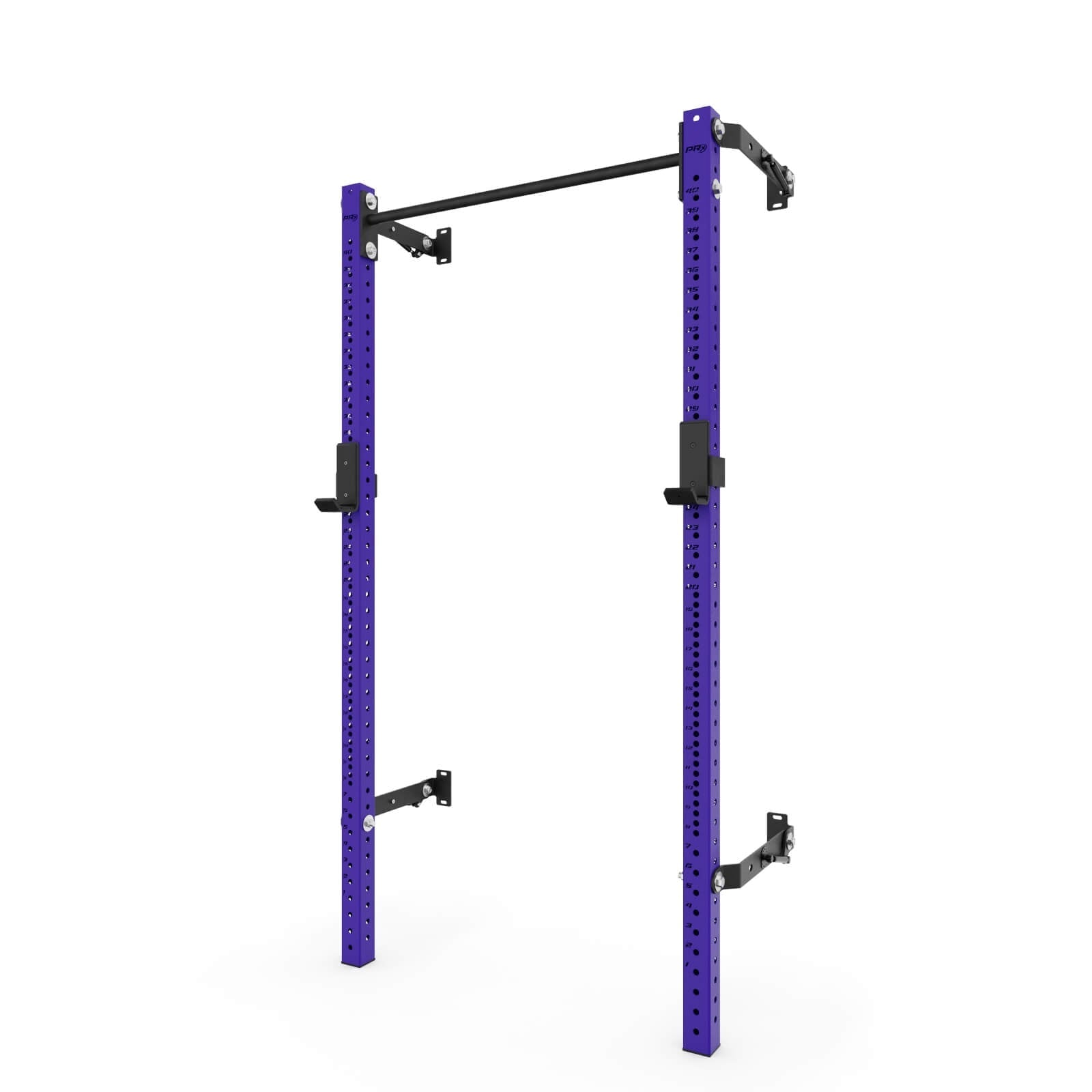 Purple squat rack with adjustable pull-up bar, designed for strength training. The rack includes multiple peg holes for customization, with a black pull-up bar and a sturdy base for stability.