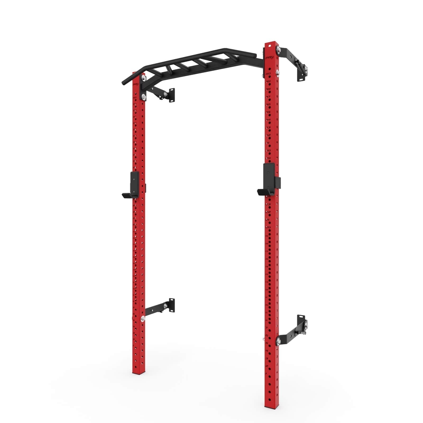 Red profile pro squat rack with pull-up bar, featuring adjustable uprights and reinforced support brackets, designed for home gym and strength training exercises.