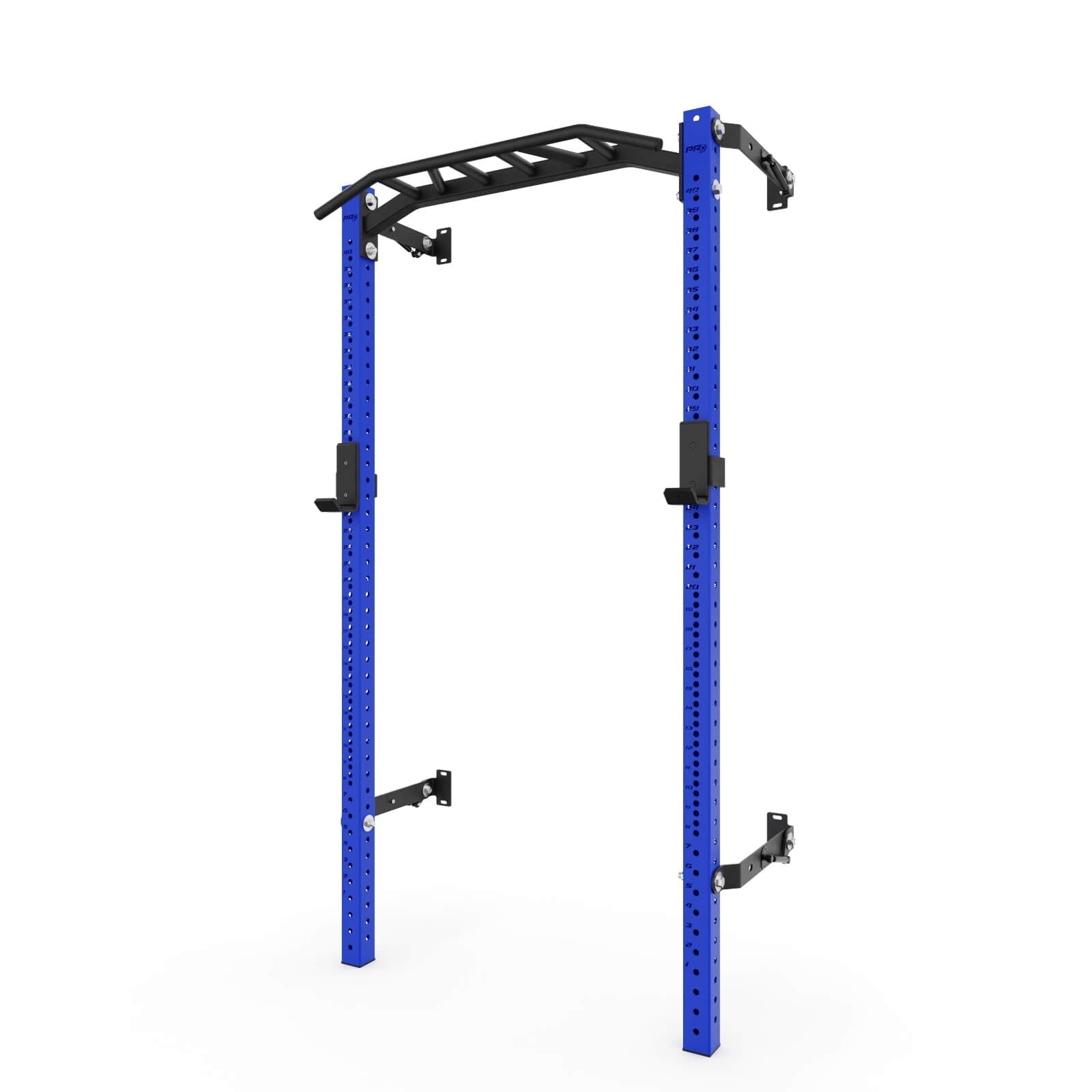 Blue squat rack with pull-up bar attachment, featuring adjustable safety bars, multiple height settings, and durable steel construction for home gym use.
