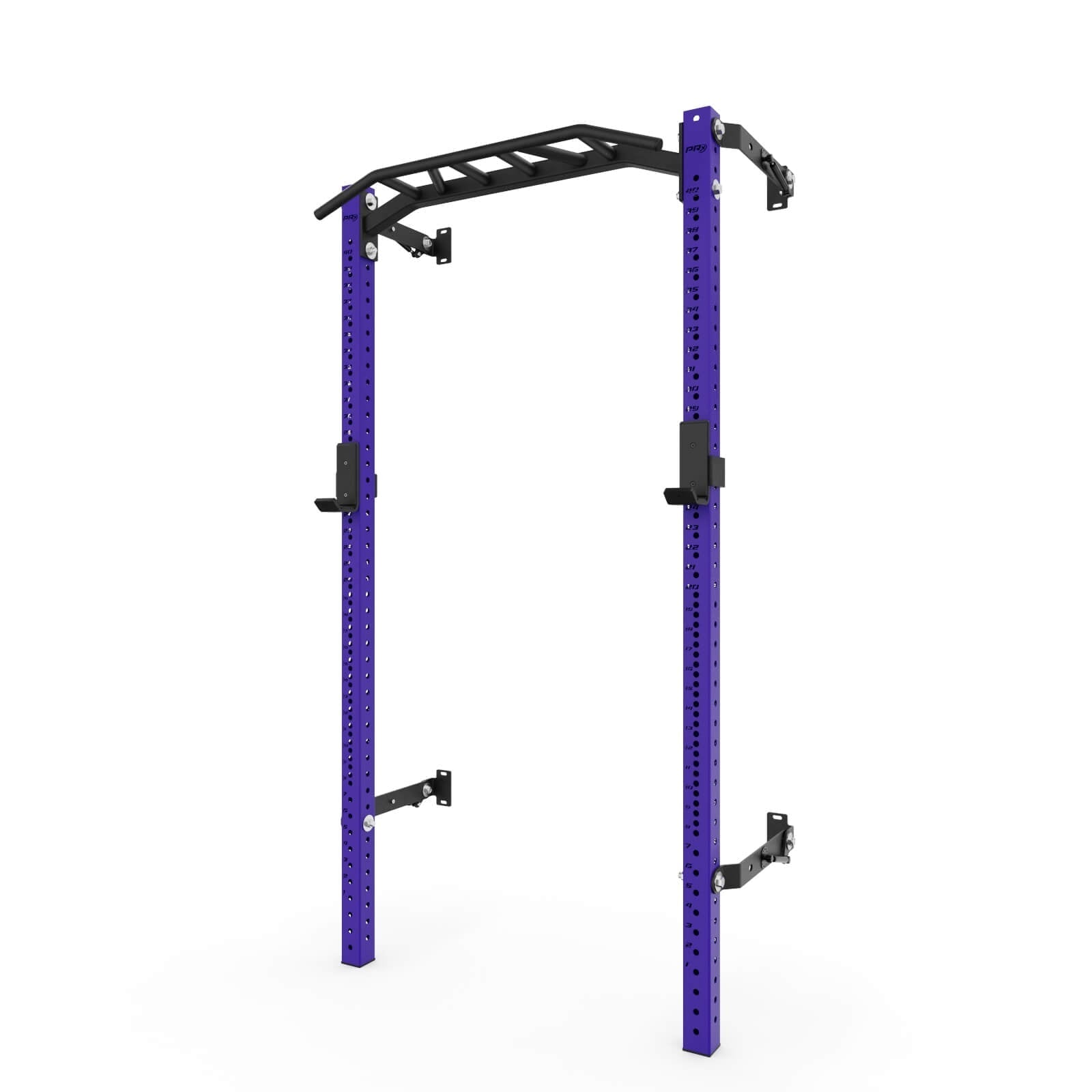 Purple squat rack with adjustable pull-up bar and side storage hooks, designed for home gym use, featuring heavy-duty steel construction and multiple adjustable height settings.