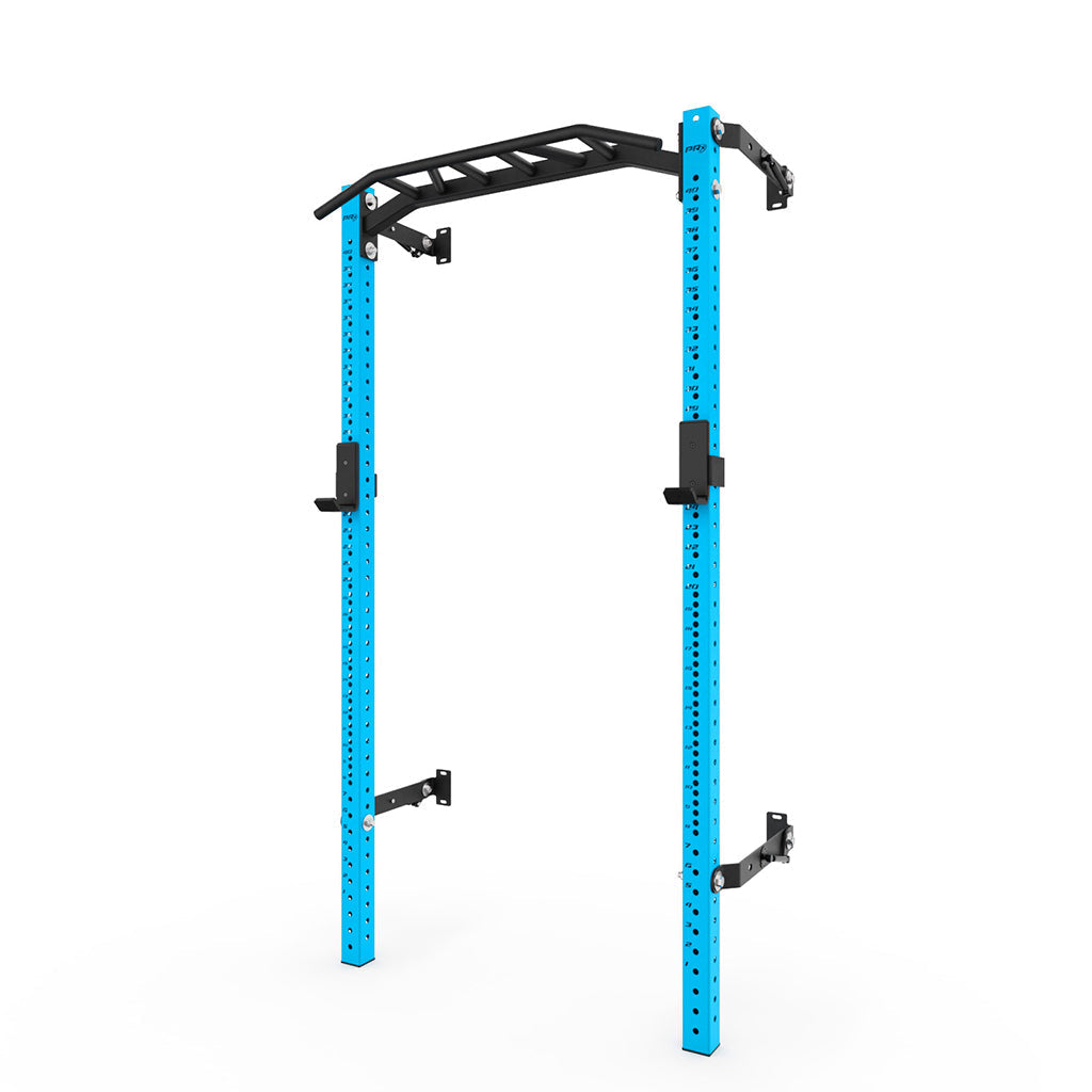 Blue Pro Squat Rack with a black pull-up bar, designed for home gym setups. Features adjustable height options with durable steel construction for strength training and pull-up exercises.